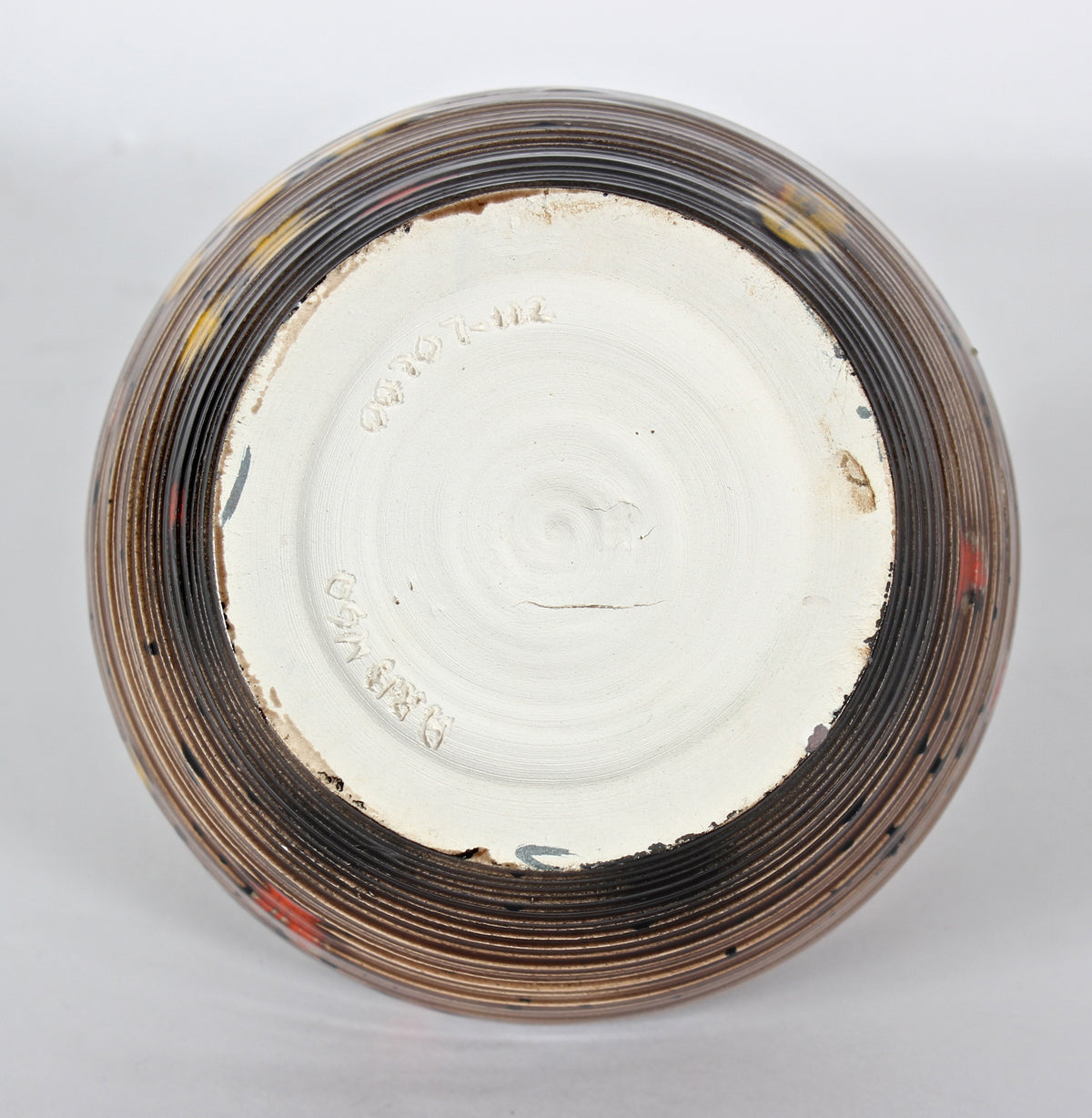 Mid Century Ceramic Gourd Vase with Striped Pattern & Red Accents <br><br>#47968