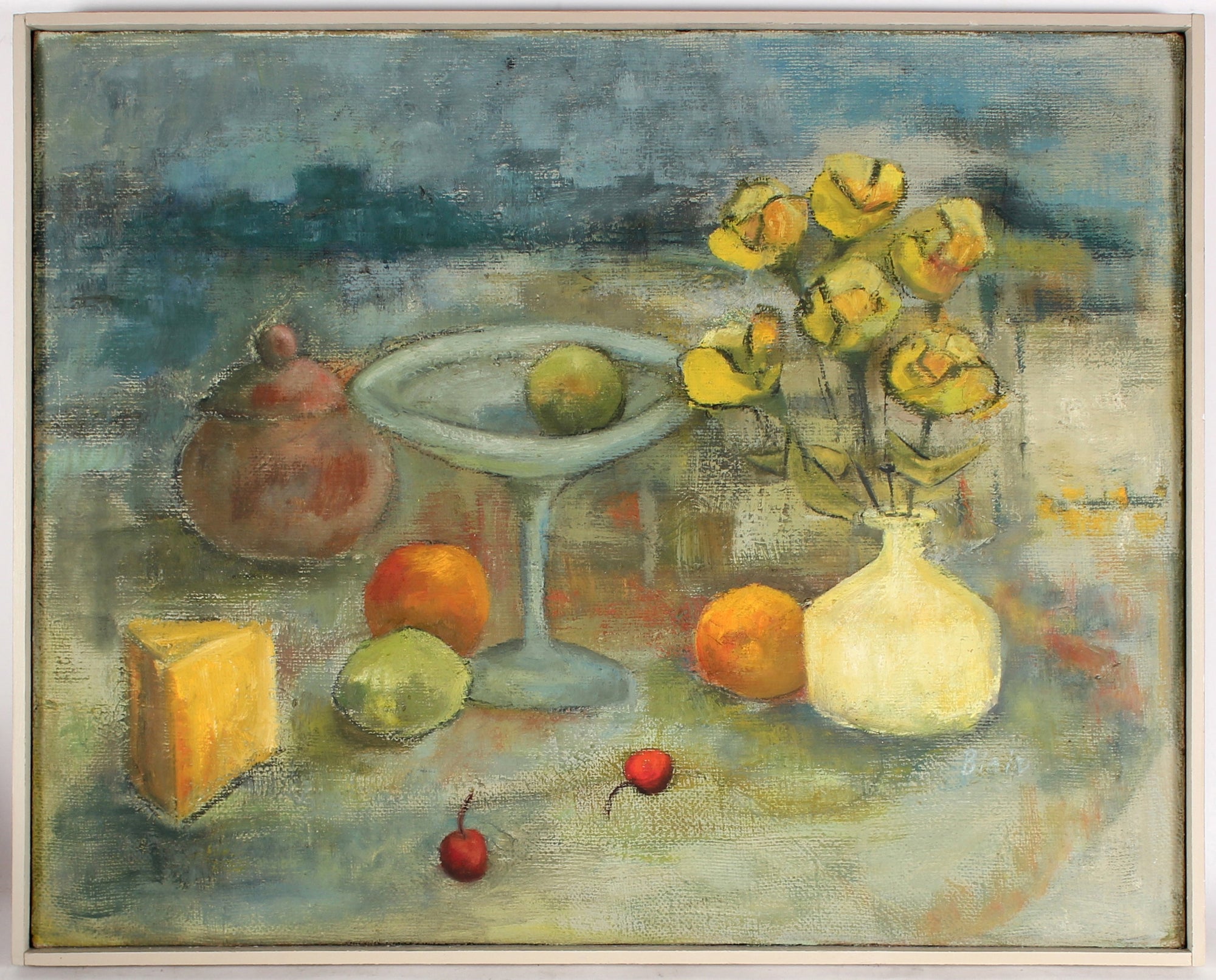 Still Life with Flowers, Cheese, And Fruit<br>Mid Century Oil<br><br>#81092