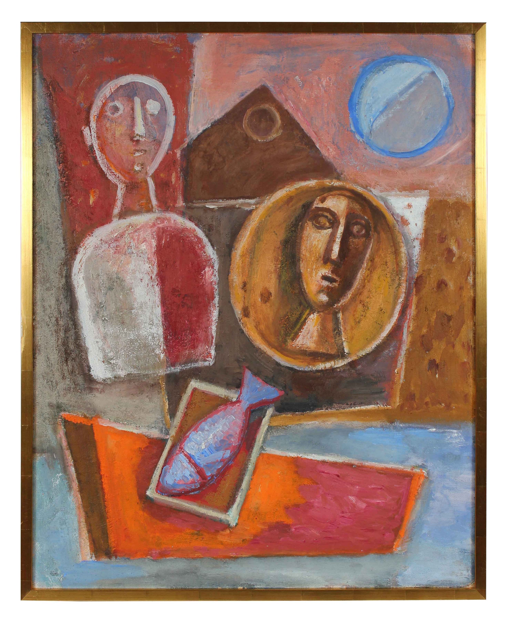 Cubist Still Life with Busts & Fish<br>Mid-Late 20th Century Oil<br><br>#92025