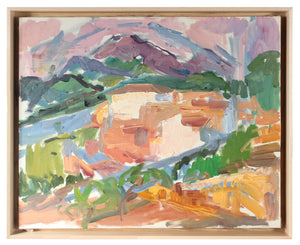 Abstracted European Village Scene <br>Mid-20th Century Oil <br><br>#87557