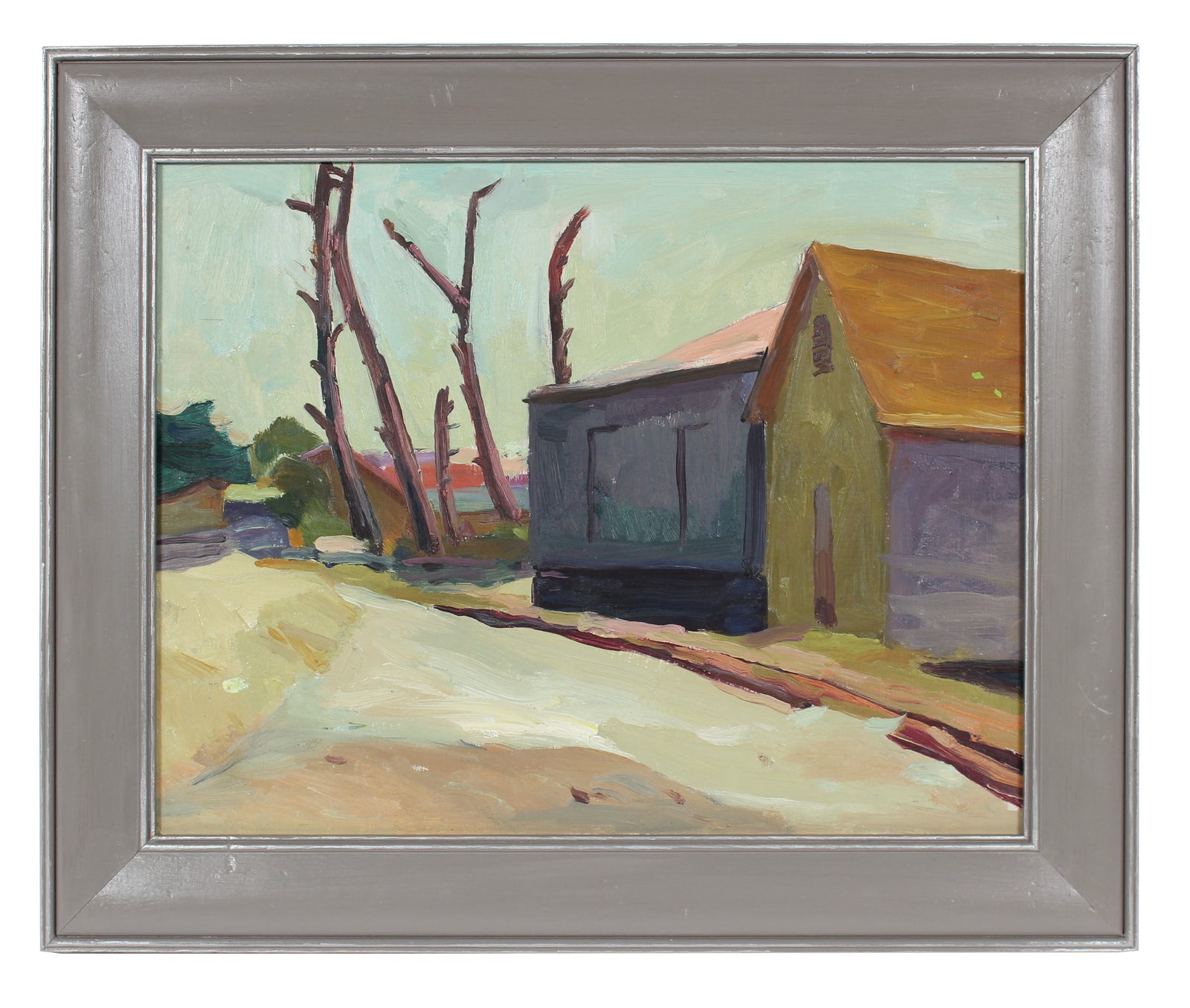 House & Trees, Modernist Landscape<br>Mid Century Oil<br><br>#92147