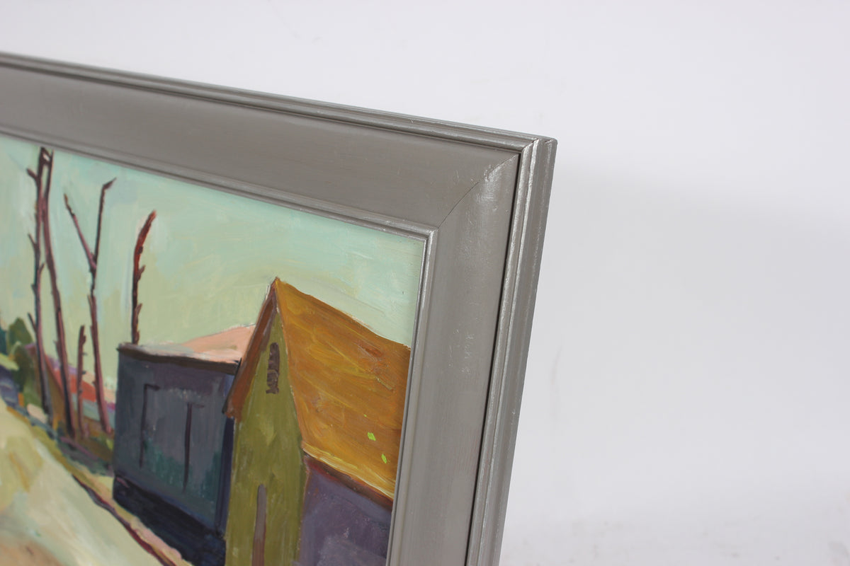 House & Trees, Modernist Landscape<br>Mid Century Oil<br><br>#92147