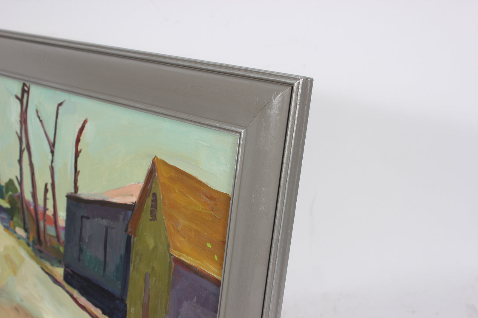 House & Trees, Modernist Landscape<br>Mid Century Oil<br><br>#92147