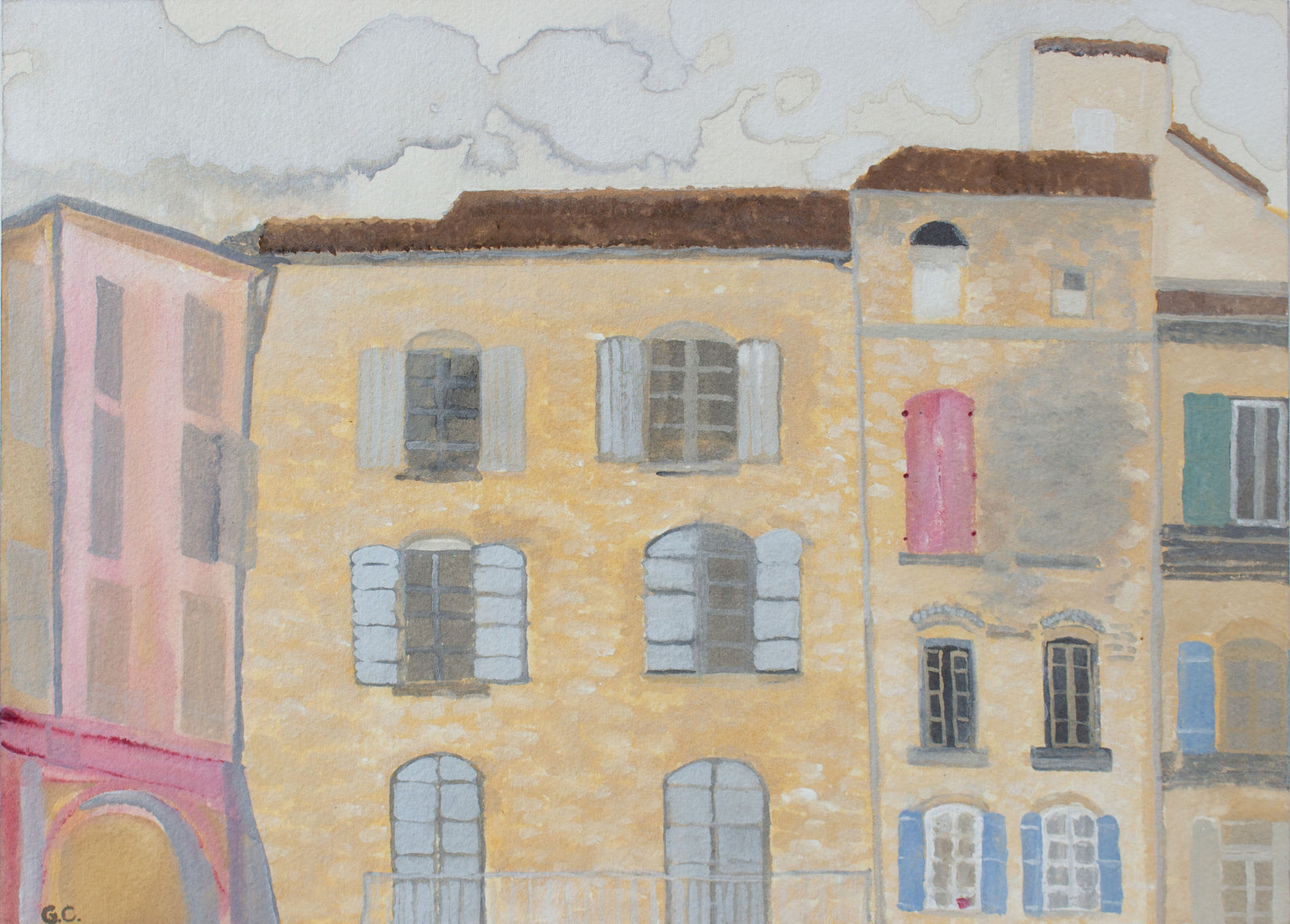 <i>Place Jean Jaurès, Sommières</i> <br>2018 Gouache, South of France <br><br>#A3827