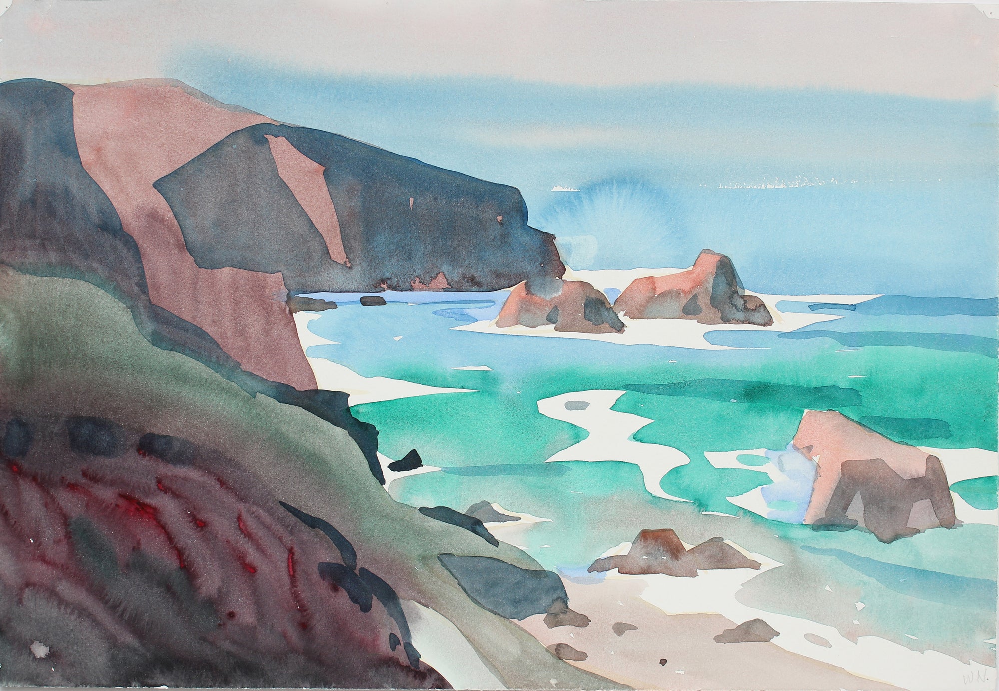Dreamy Coastal Scene <br>20th Century Watercolor <br><br>#A3657