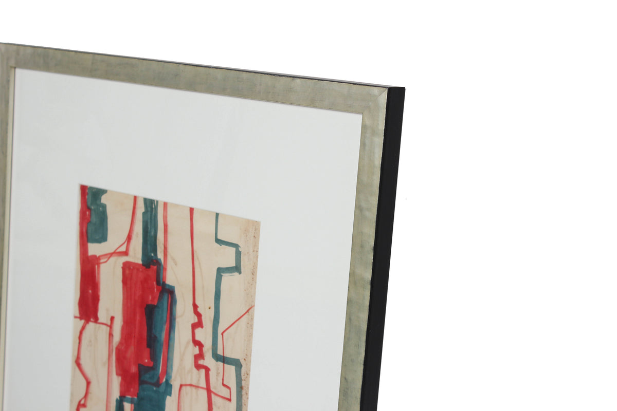 Geometric Modernist Abstract in Blue & Red<br>1960s Ink<br><br>#97722