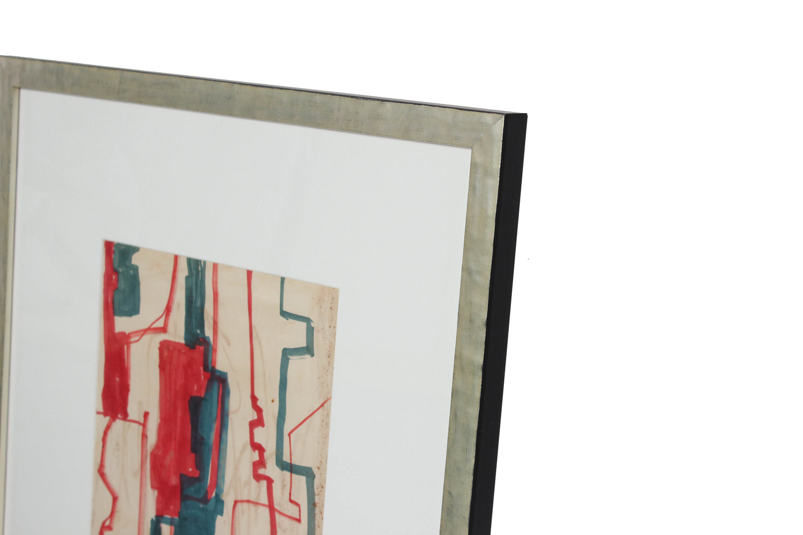 Geometric Modernist Abstract in Blue & Red<br>1960s Ink<br><br>#97722