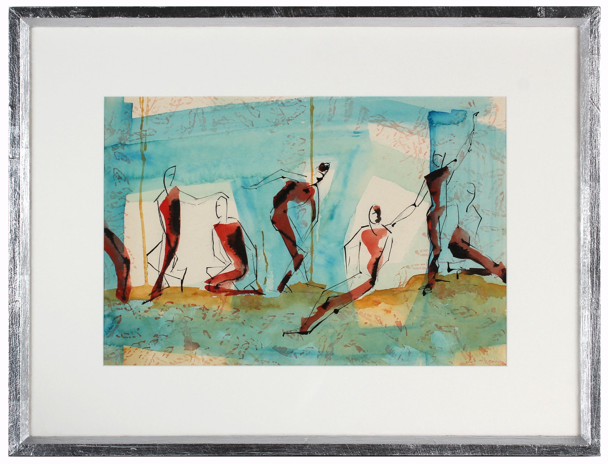 Modernist Dancers in Motion<br>Mid Century Watercolor<br><br>#A3855