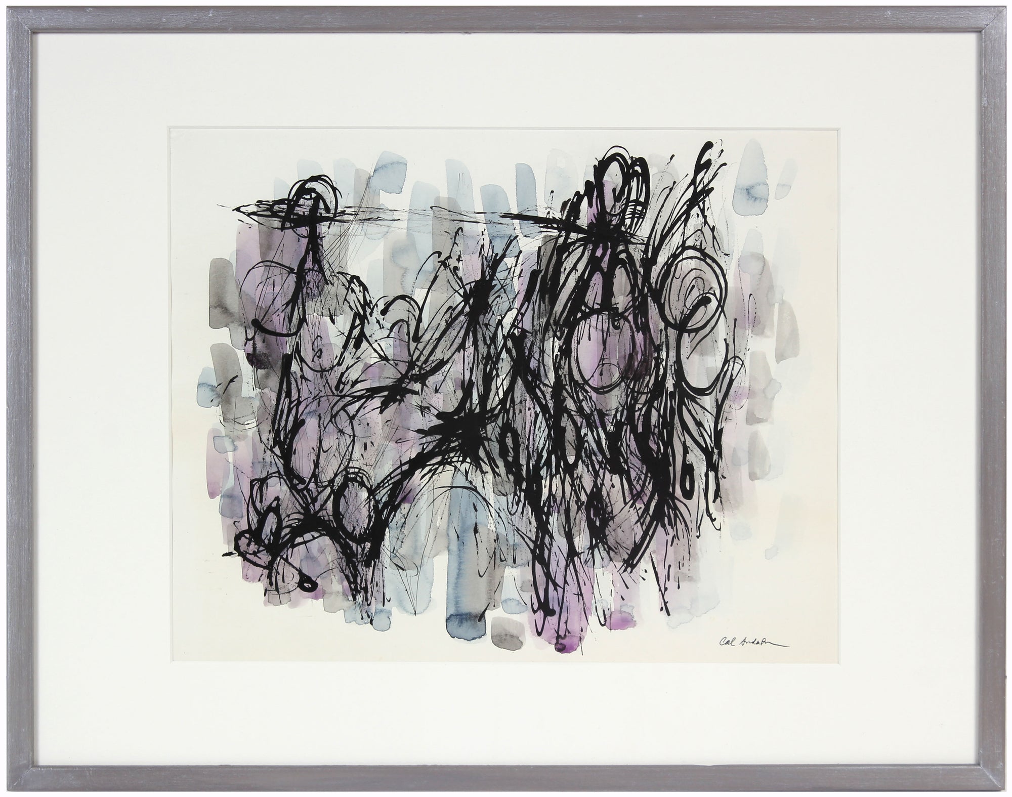 Dynamic Purple and Blue Abstract <br>Mid-Late Century Ink and Watercolor <br><br>#97528