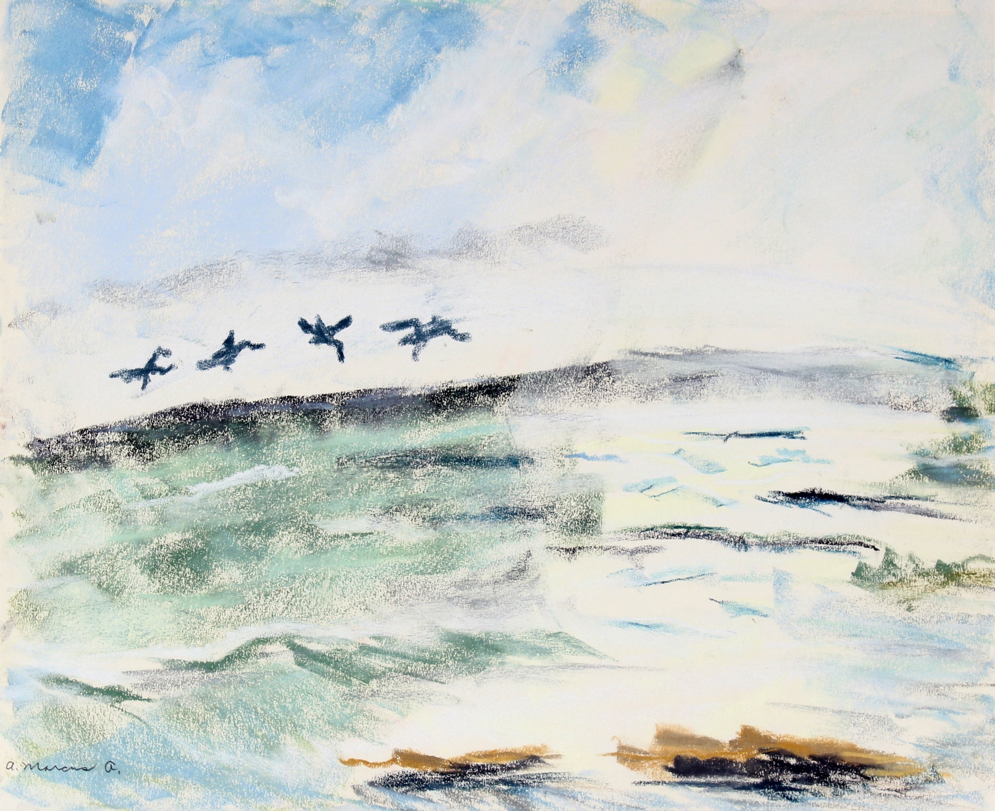 <i>Ocean with Birds</i> <br>Mid Century Pastel <br><br>#55041