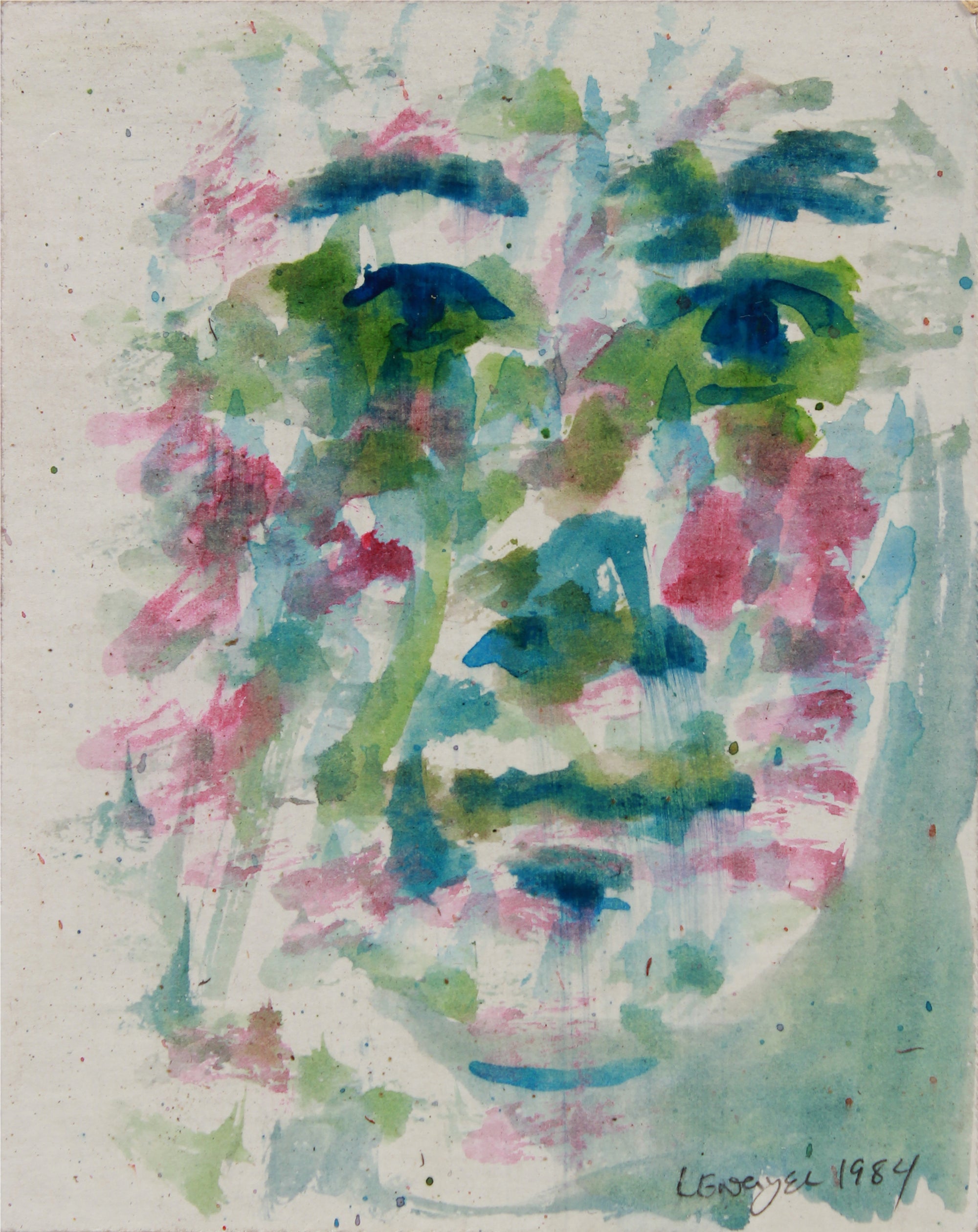 Pink & Green Abstracted Dappled Face <br>1984 Watercolor <br><br>#B0061