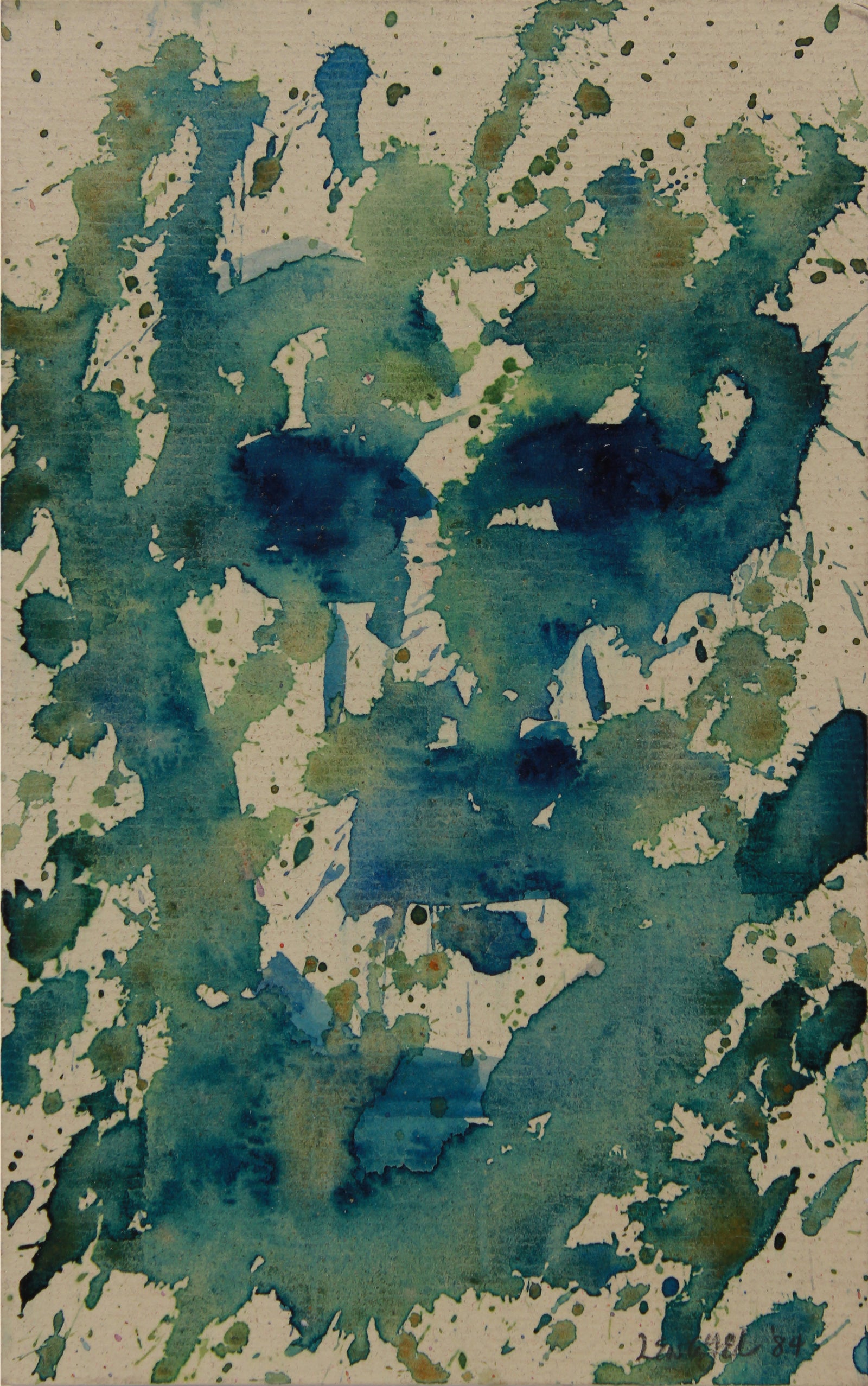 Blue & Green Abstracted Dappled Face <br>1984 Watercolor <br><br>#B0062
