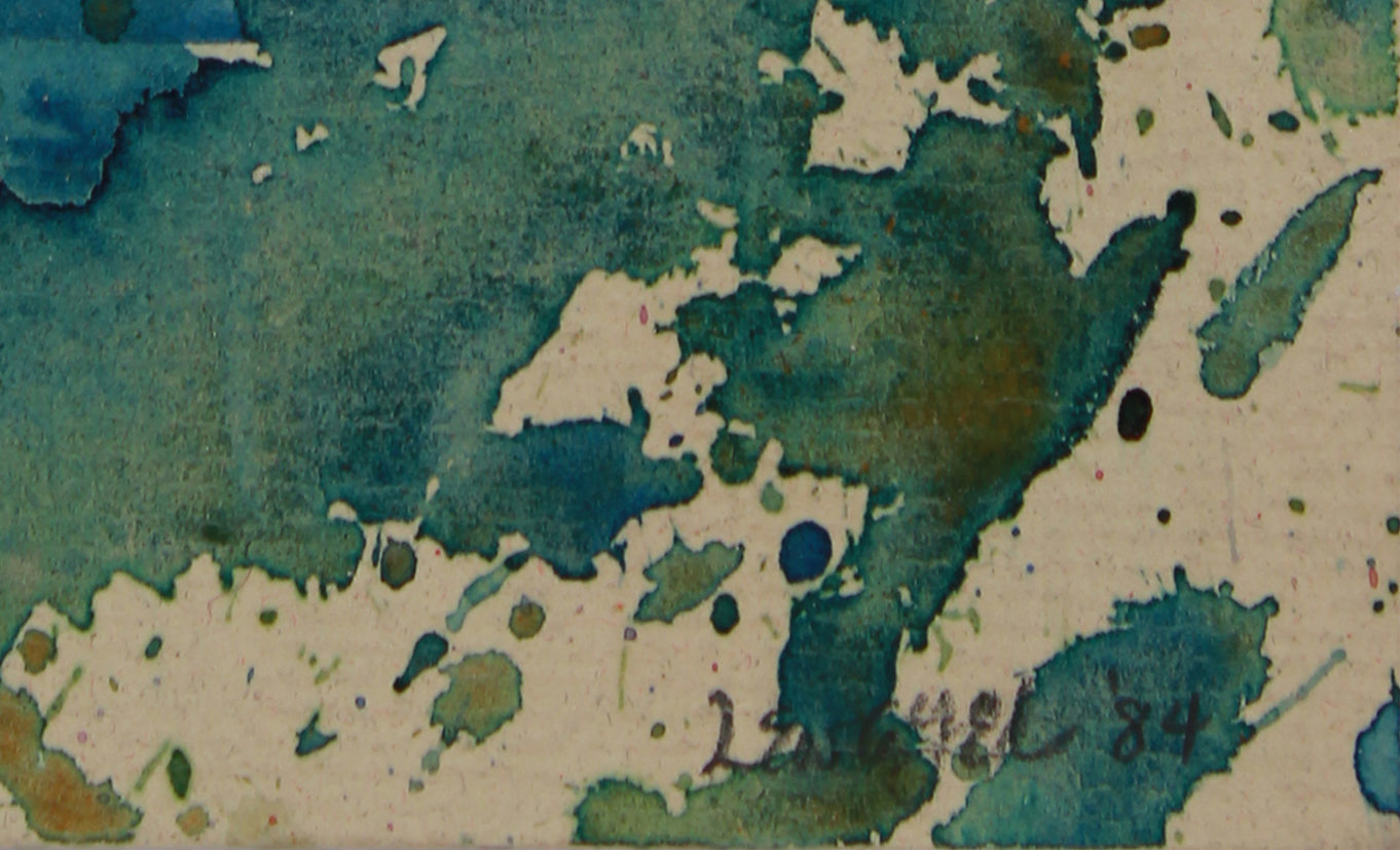 Blue & Green Abstracted Dappled Face <br>1984 Watercolor <br><br>#B0062