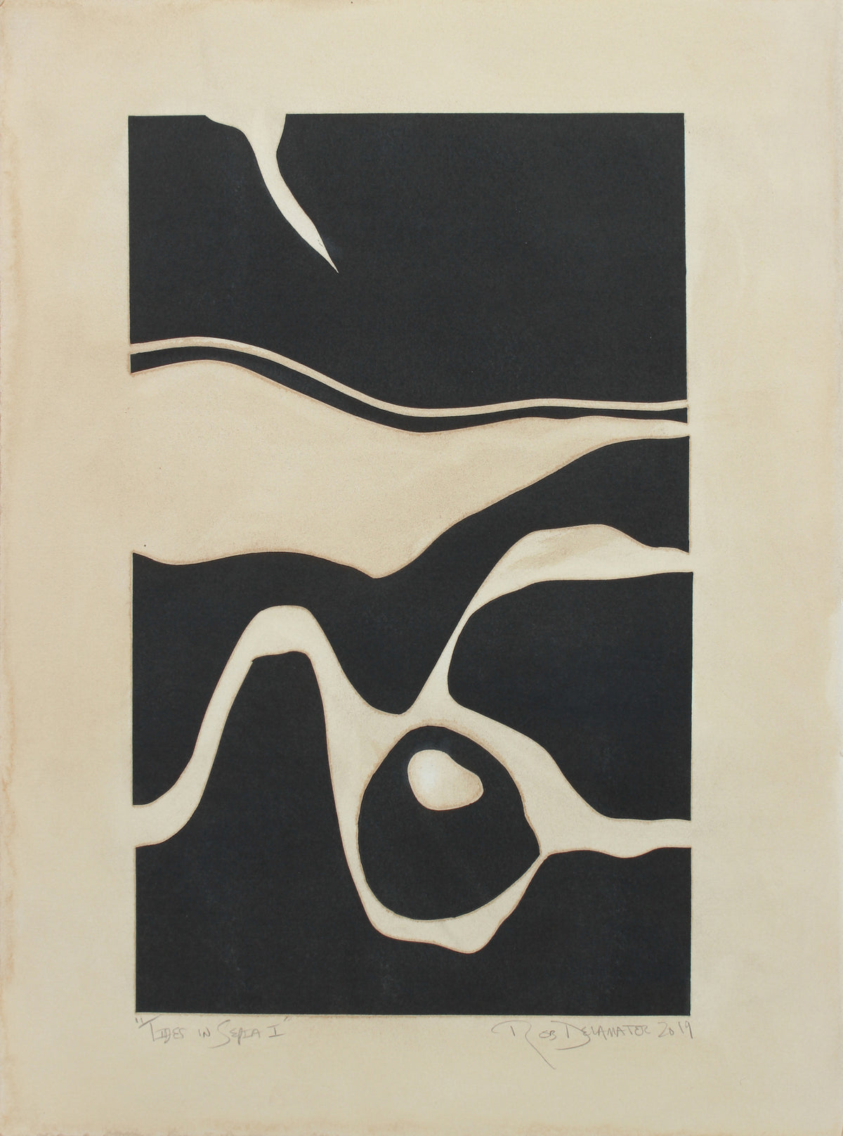 <i>Tides in Sepia I</i> <br>2019 Monotype & Coffee <br><br>#B0075