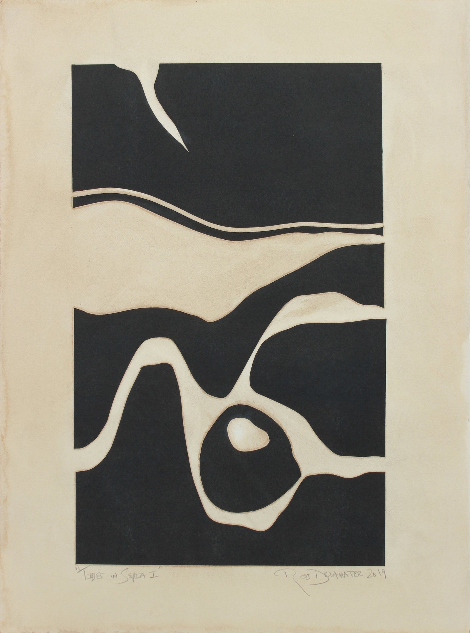 <i>Tides in Sepia I</i> <br>2019 Monotype & Coffee <br><br>#B0075