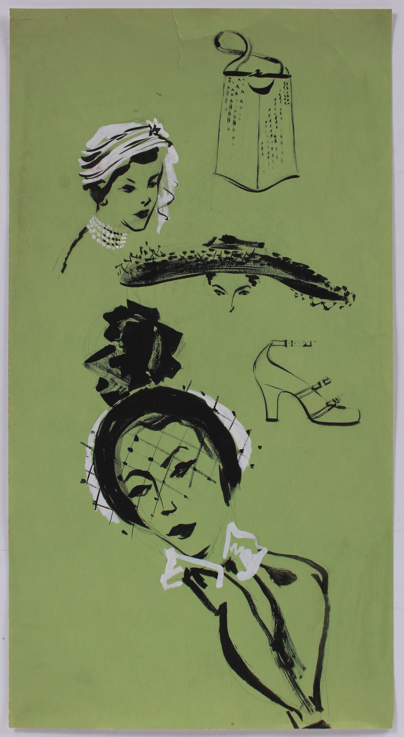 Fashion Drawing with Green<br>1945 Gouache & Graphite <br><br>#B0112