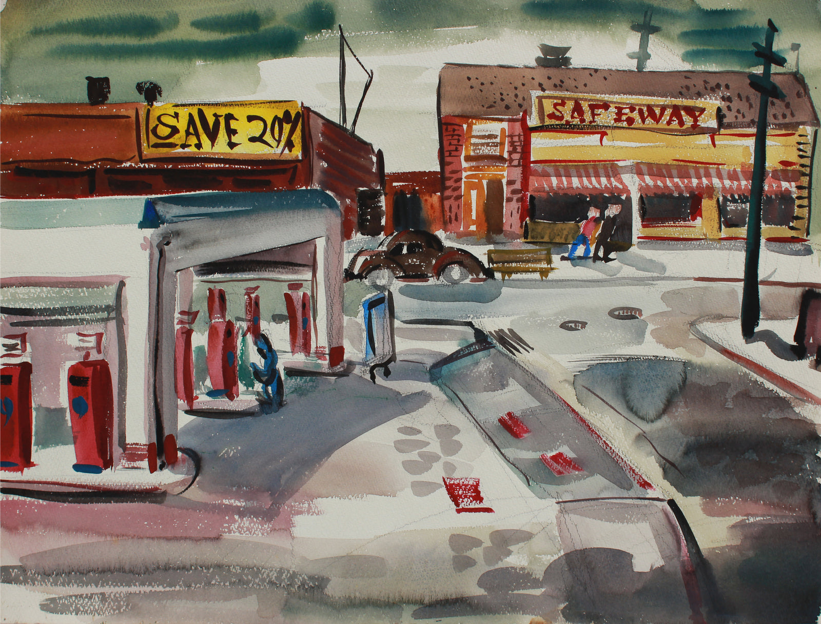 Vintage City Scene with Diner & Gas Station <br>1943 Gouache & Graphite <br><br>#B0144