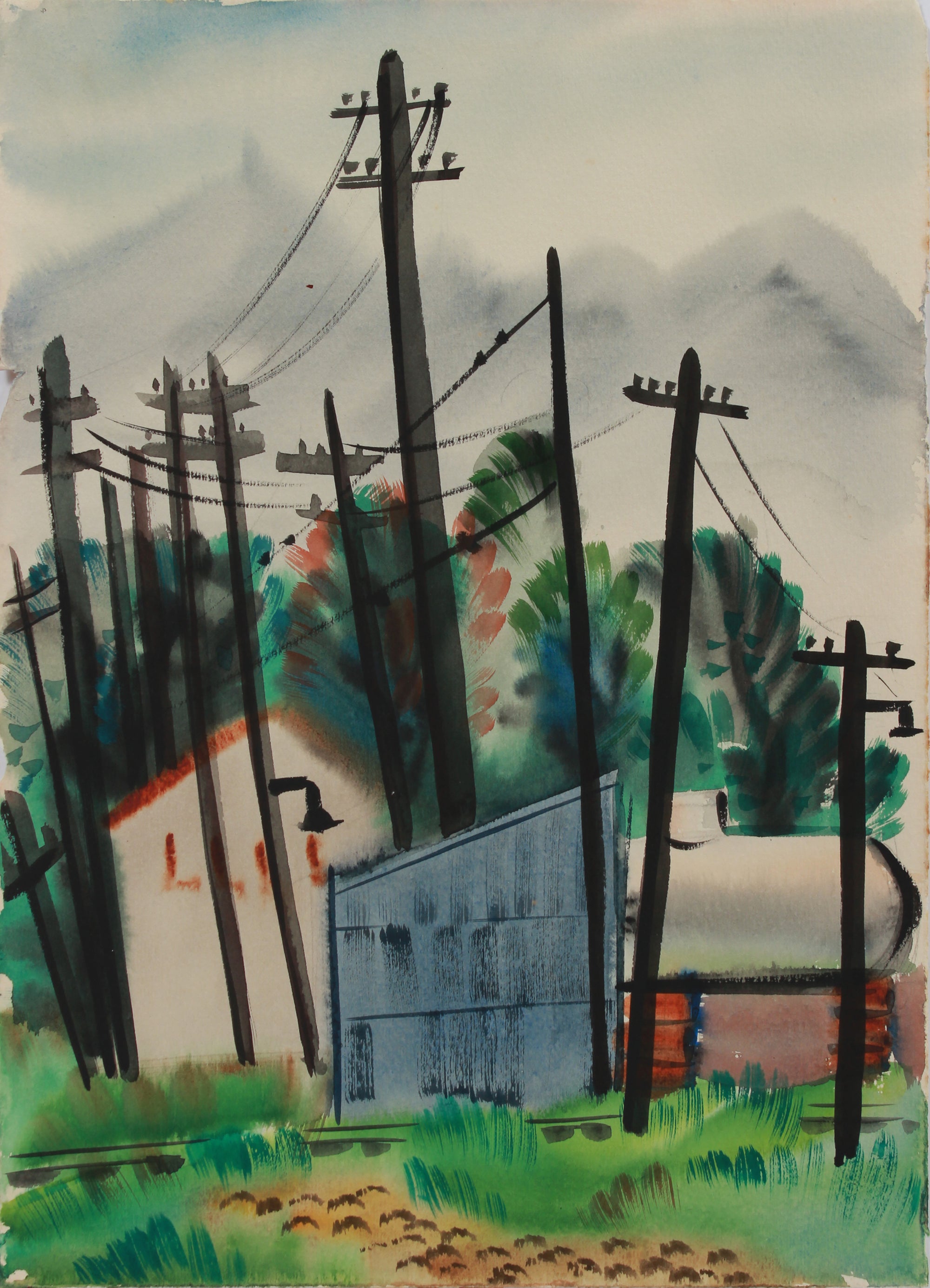 Powerlines & Distant Mountains <br>1943 Gouache <br><br>#B0149
