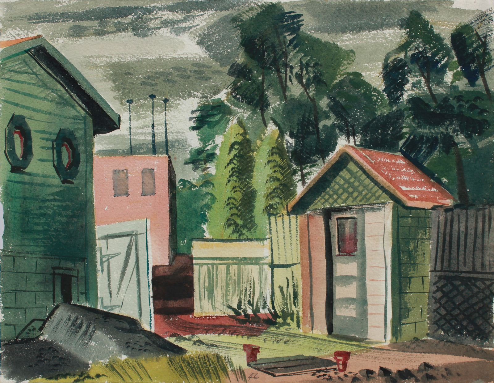 Quiet Backyard City Scene <br>1943 Gouache <br><br>#B0150