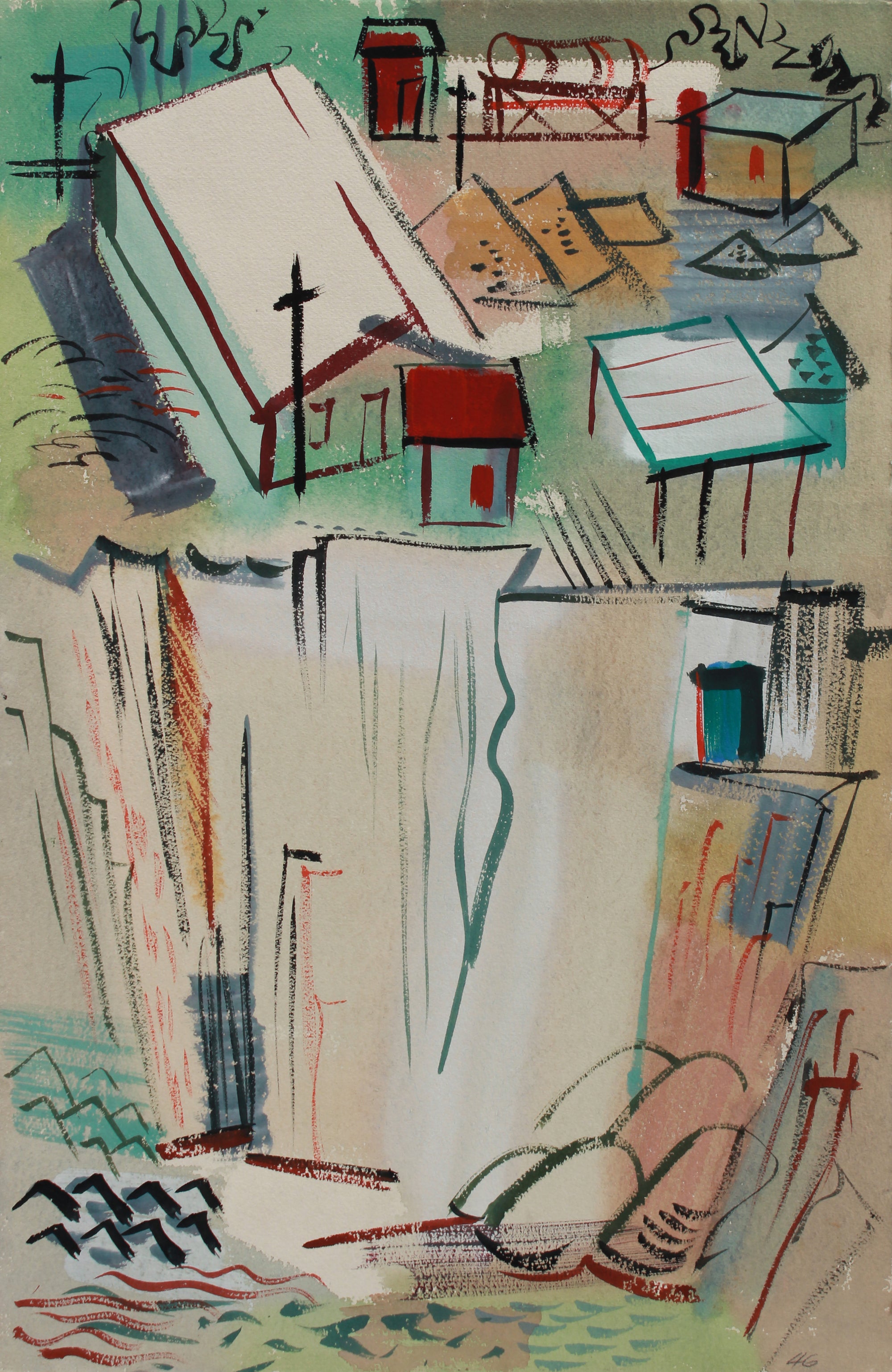 Abstract Cityscape from Above <br>1946 Gouache <br><br>#B0156