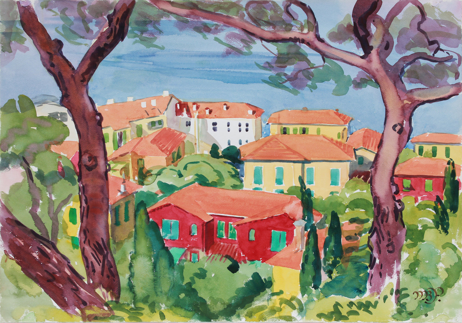 <i>St. Jean from Hillside</i> <br>June 14, 1965 Watercolor <br><br>#B0537