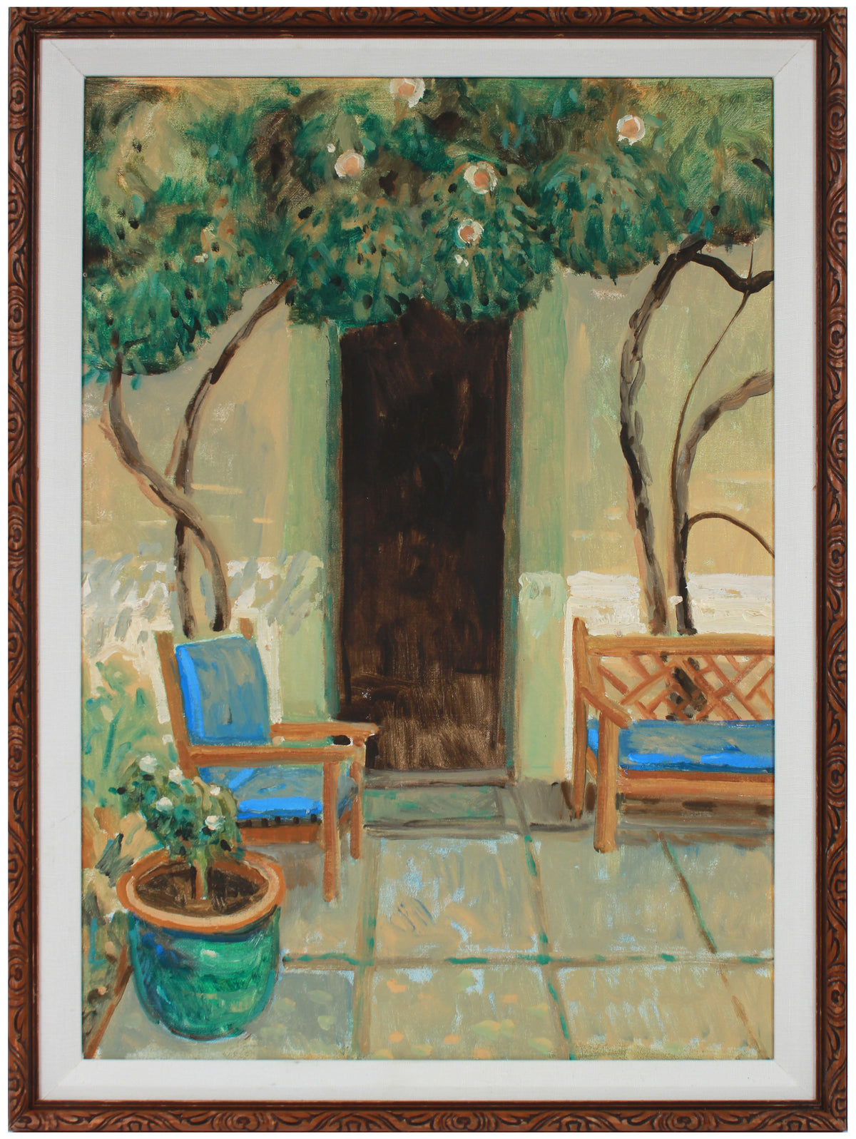 Patio Scene with Blue Benches &lt;br&gt;Mid-Late 20th Century Oil &lt;br&gt;&lt;br&gt;#B0694