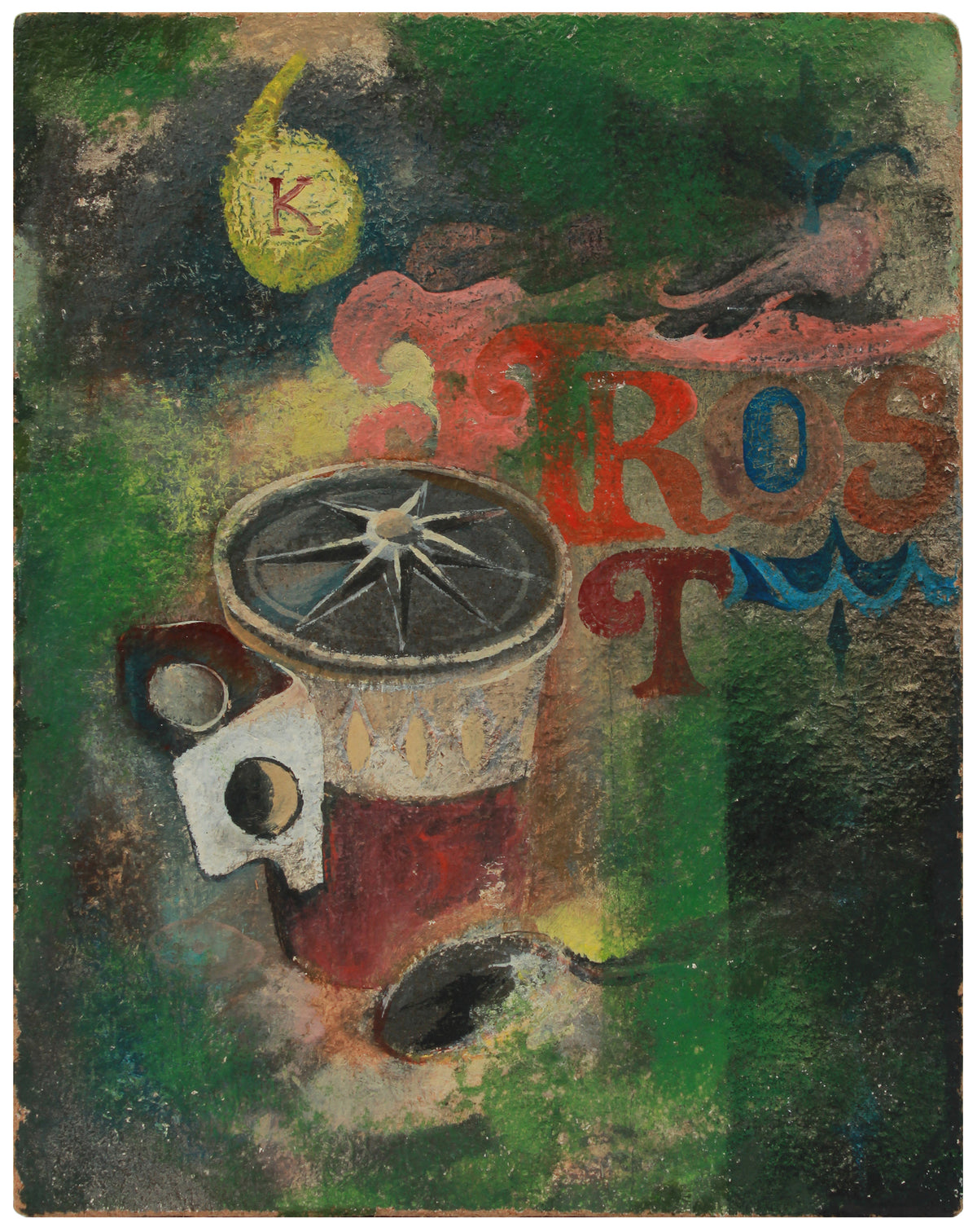 Abstracted Still Life with Text &amp; Coffee Cup &lt;br&gt;20th Century Oil &lt;br&gt;&lt;br&gt;#B0714