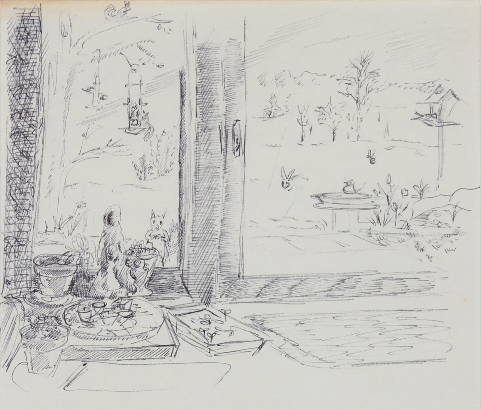 Backyard Windowsill Still Life <br>1940-60s Ink <br><br>#B0750