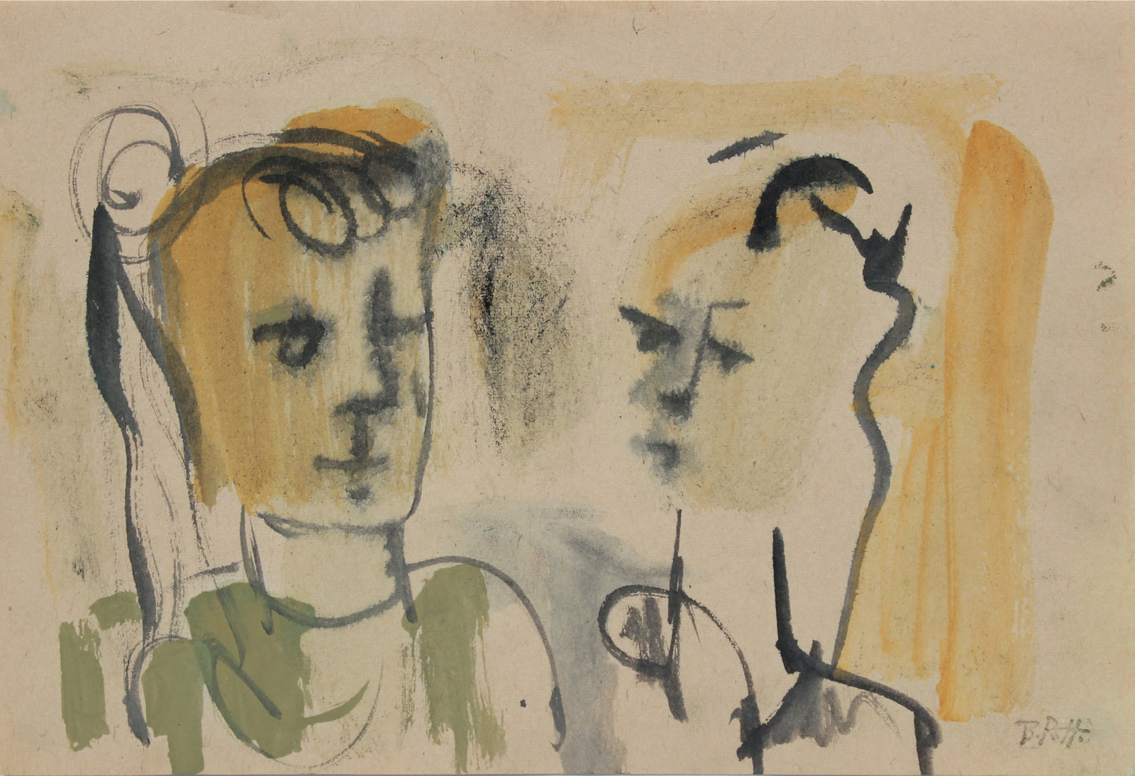 Abstracted Portrait Pair <br>1940-60s Gouache & Ink <br><br>#B0768