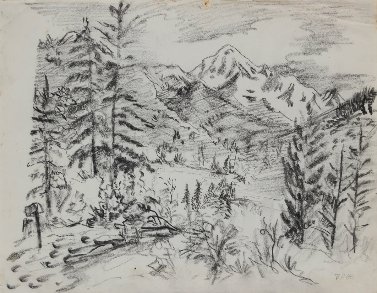 Monochrome Mountain Landscape &lt;br&gt;1940-50s Charcoal &lt;br&gt;&lt;br&gt;#B0784