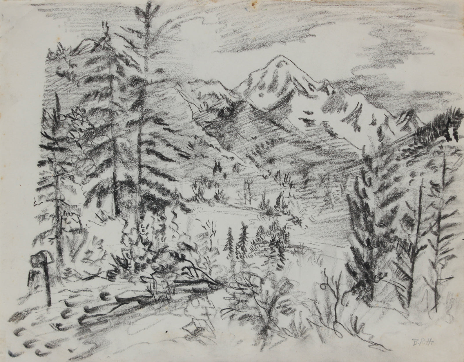 Monochrome Mountain Landscape <br>1940-50s Charcoal <br><br>#B0784