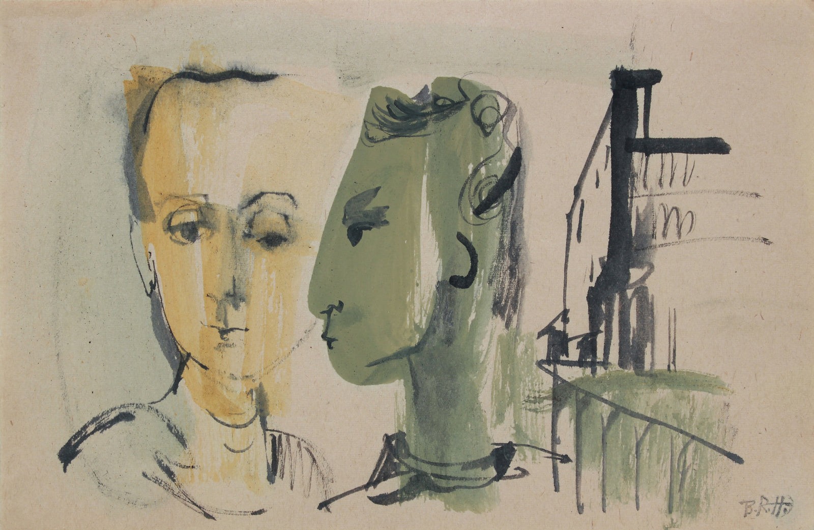 Stylized Portrait Study <br>1950-60s Gouache & Ink <br><br>#B0796