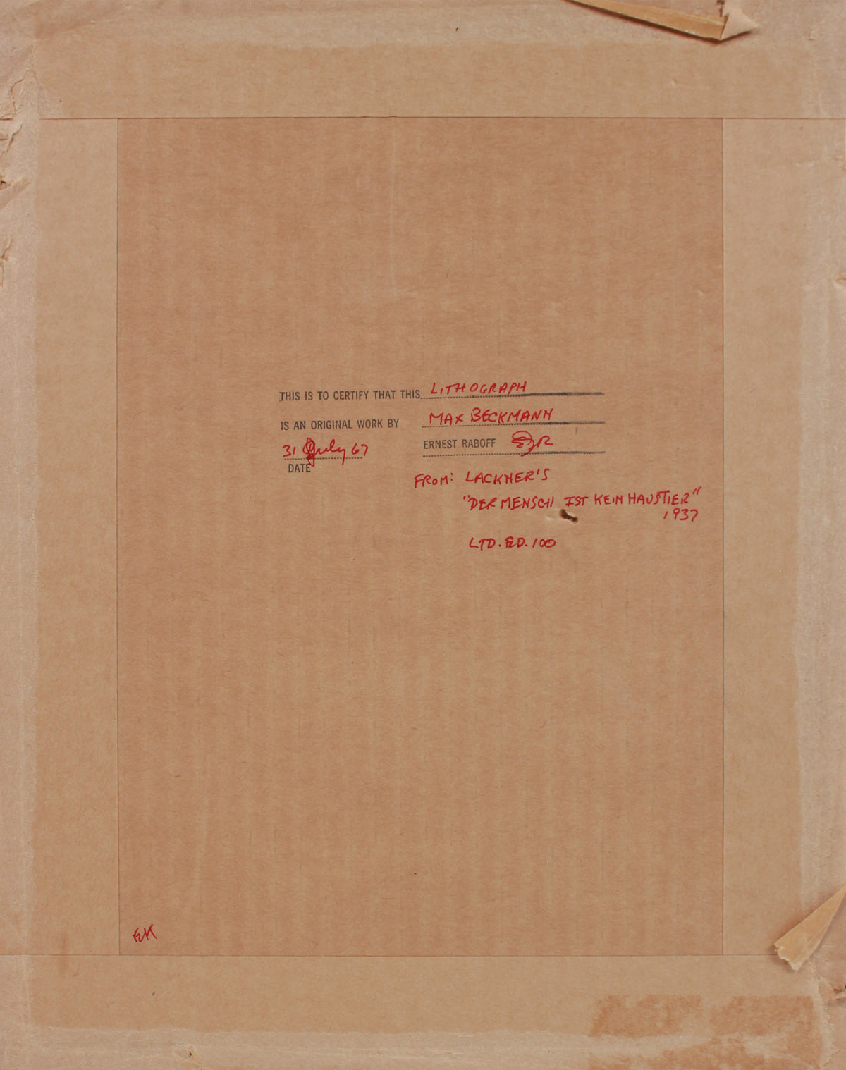 From Lackner's <i>Der Mensck 1st Kein Haustier</i>, 1037 <br>1967 Lithograph <br><br>#B1266