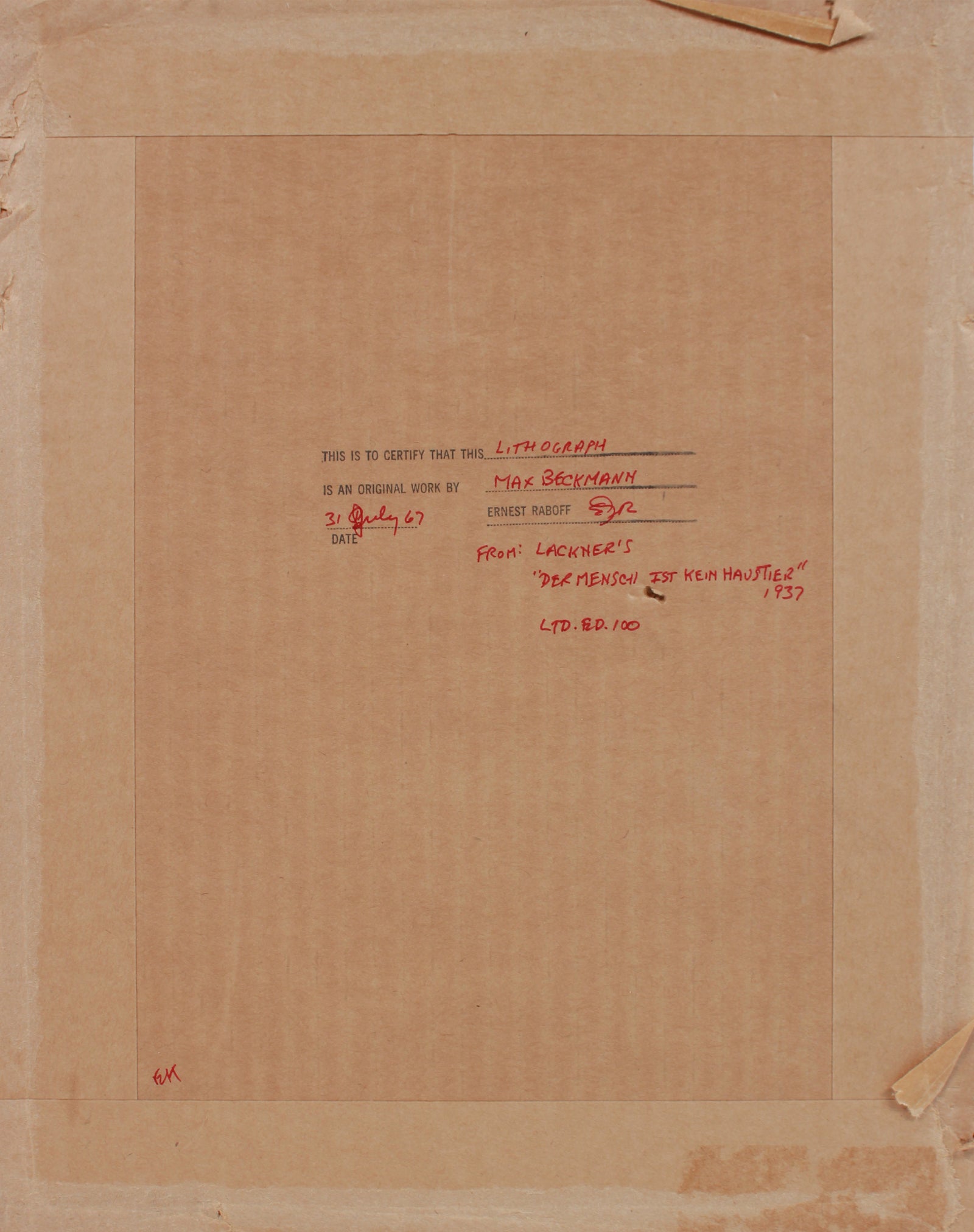 From Lackner's <i>Der Mensck 1st Kein Haustier</i>, 1037 <br>1967 Lithograph <br><br>#B1266