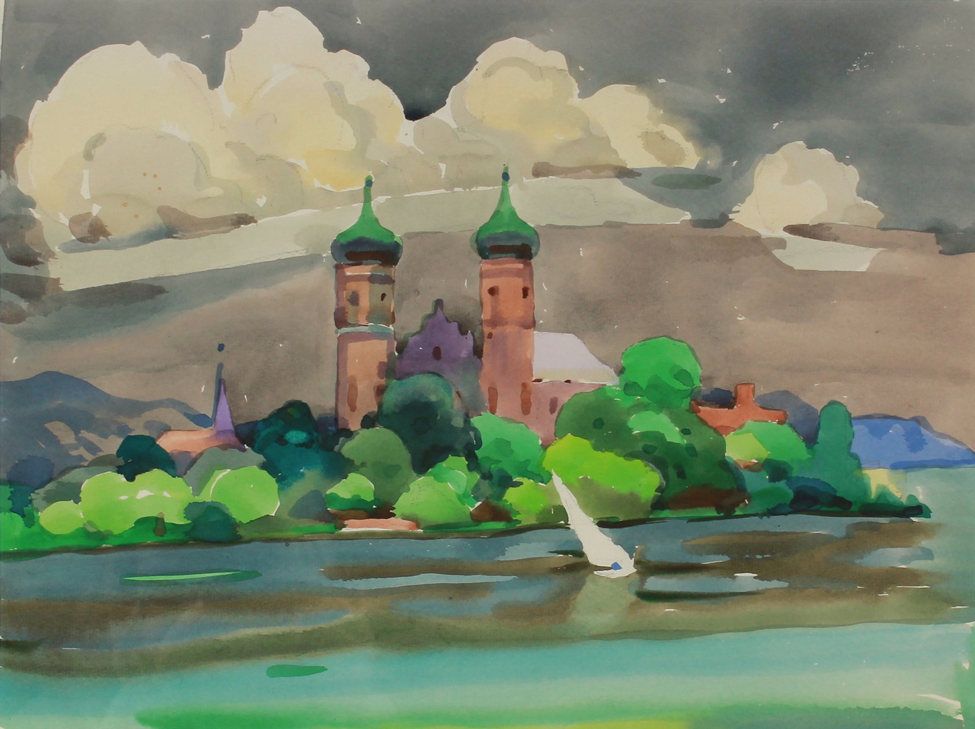 Two Towers by the Sea <br>1960s Watercolor <br><br>#B1964
