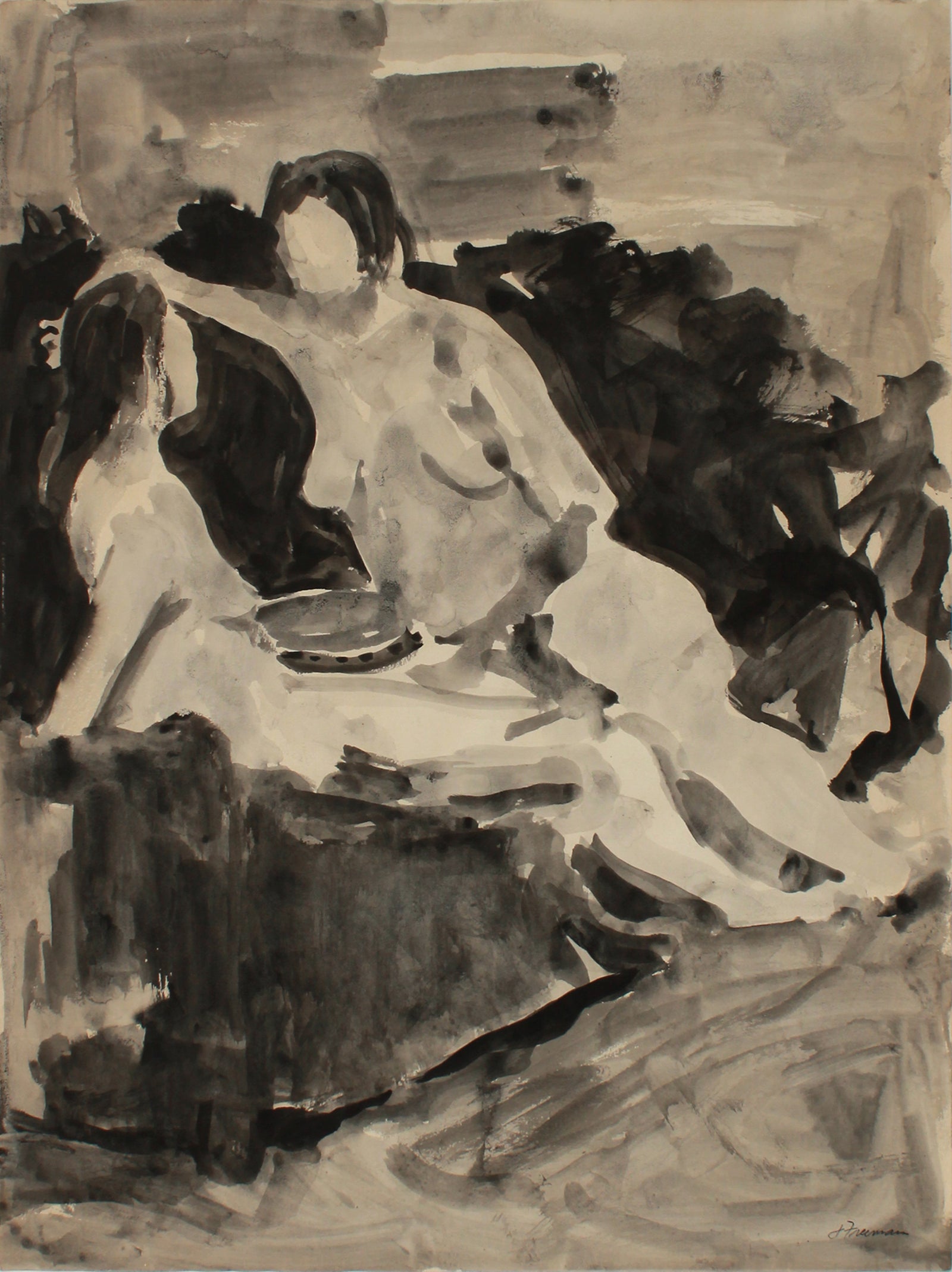 Abstracted Female Nude Pair <br>1970s Ink Wash <br><br>#B1993