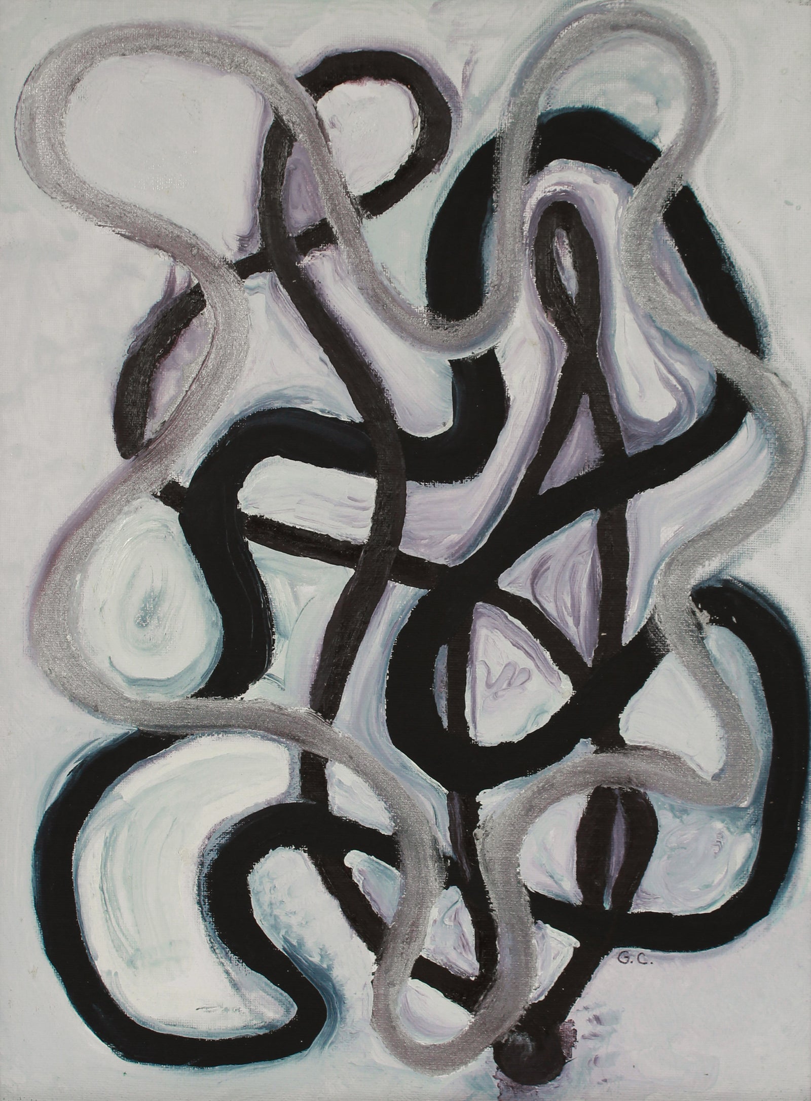 <i>Black, Brown, Silver, Composition Abstract </i> <br>2020 Oil on Canvas Mounted to Board <br><br>#B2053