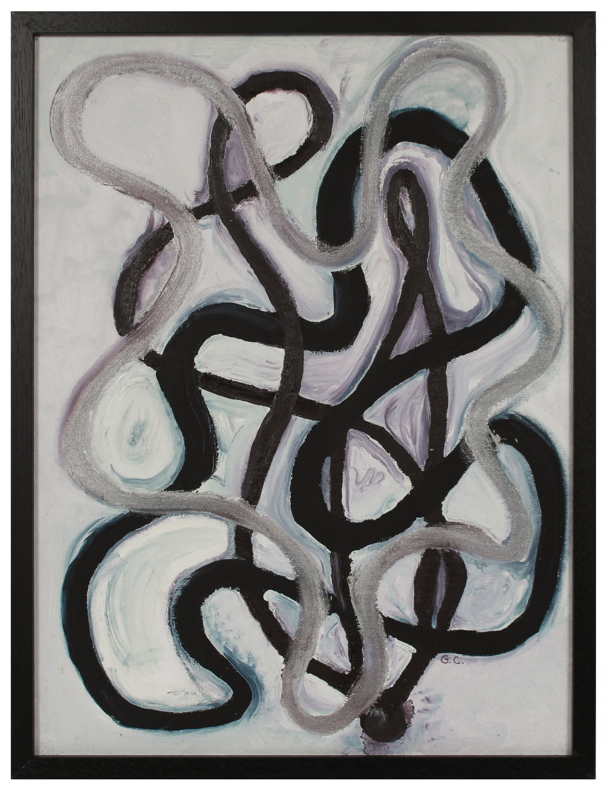 <i>Black, Brown, Silver, Composition Abstract </i> <br>2020 Oil on Canvas Mounted to Board <br><br>#B2053