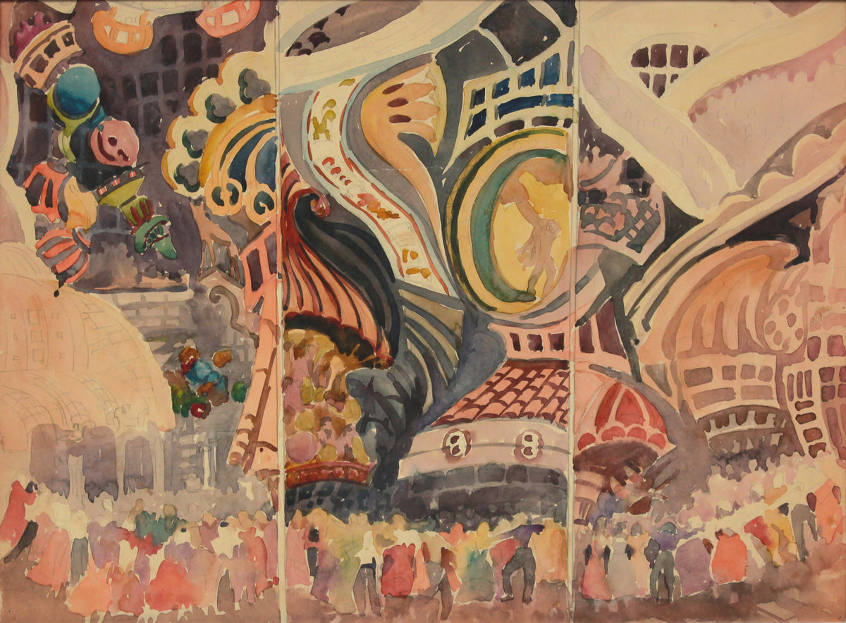 Three Part Fair Scene<br>Mid Century Watercolor<br><br>#B2141