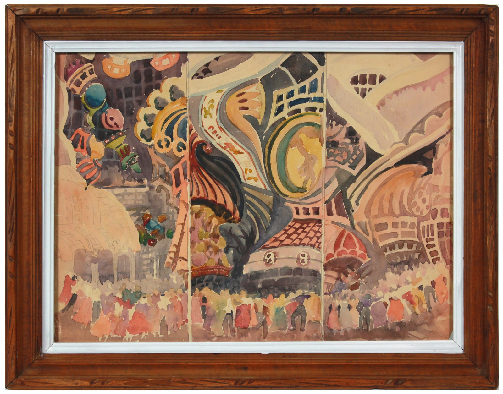 Three Part Fair Scene<br>Mid Century Watercolor<br><br>#B2141
