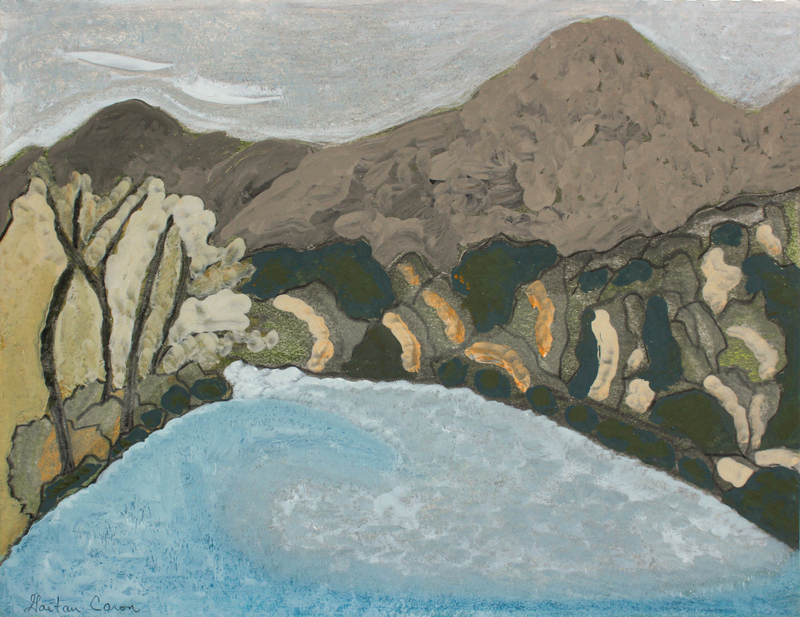 <i>Blue Lakes, Smokey Day</i> <br>2020 Crayon, Pastel and Oil <br><br>#B2204