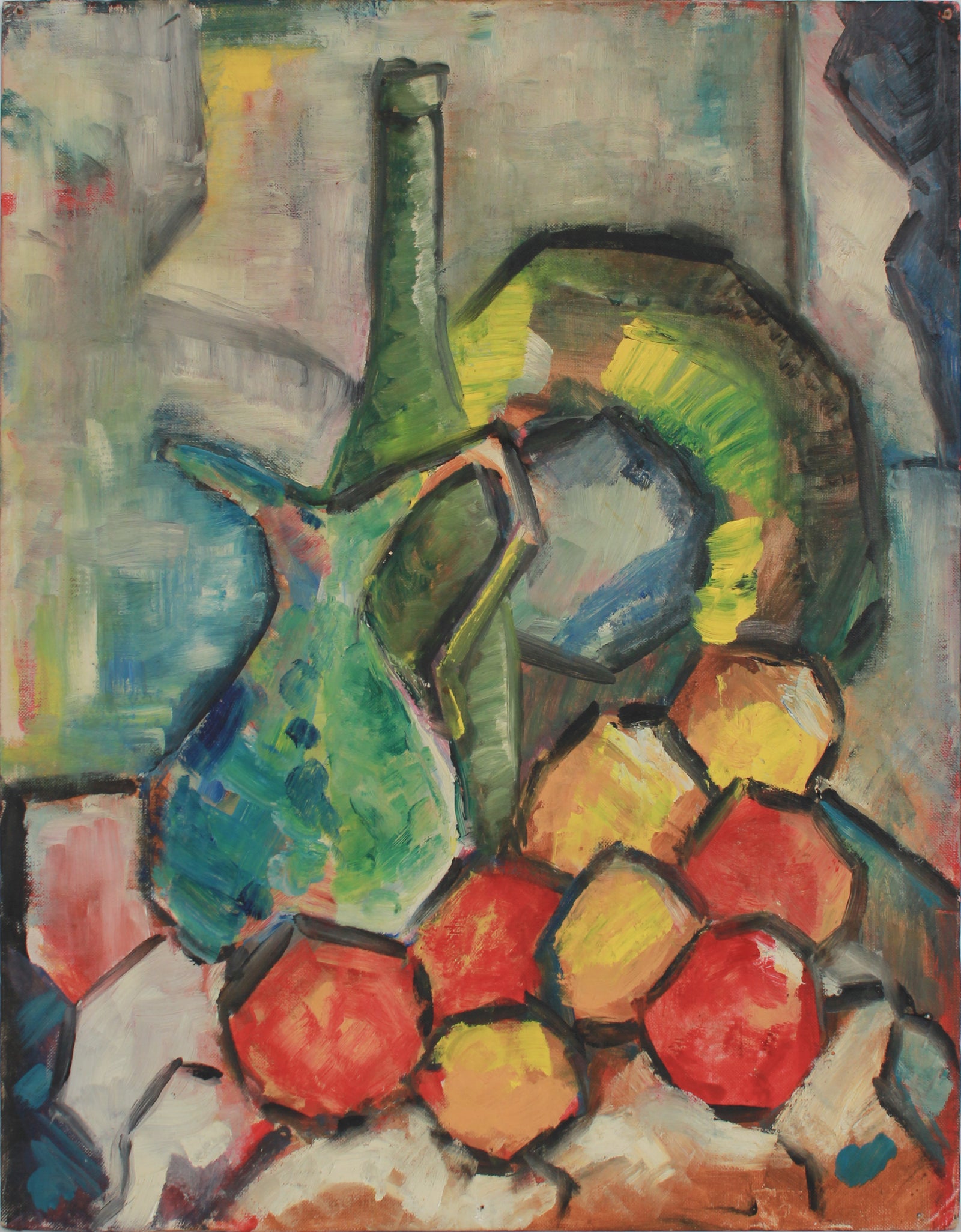 Modernist Still Life with Fruit & Pitcher <br>Mid Century Oil <br><br>#B2568