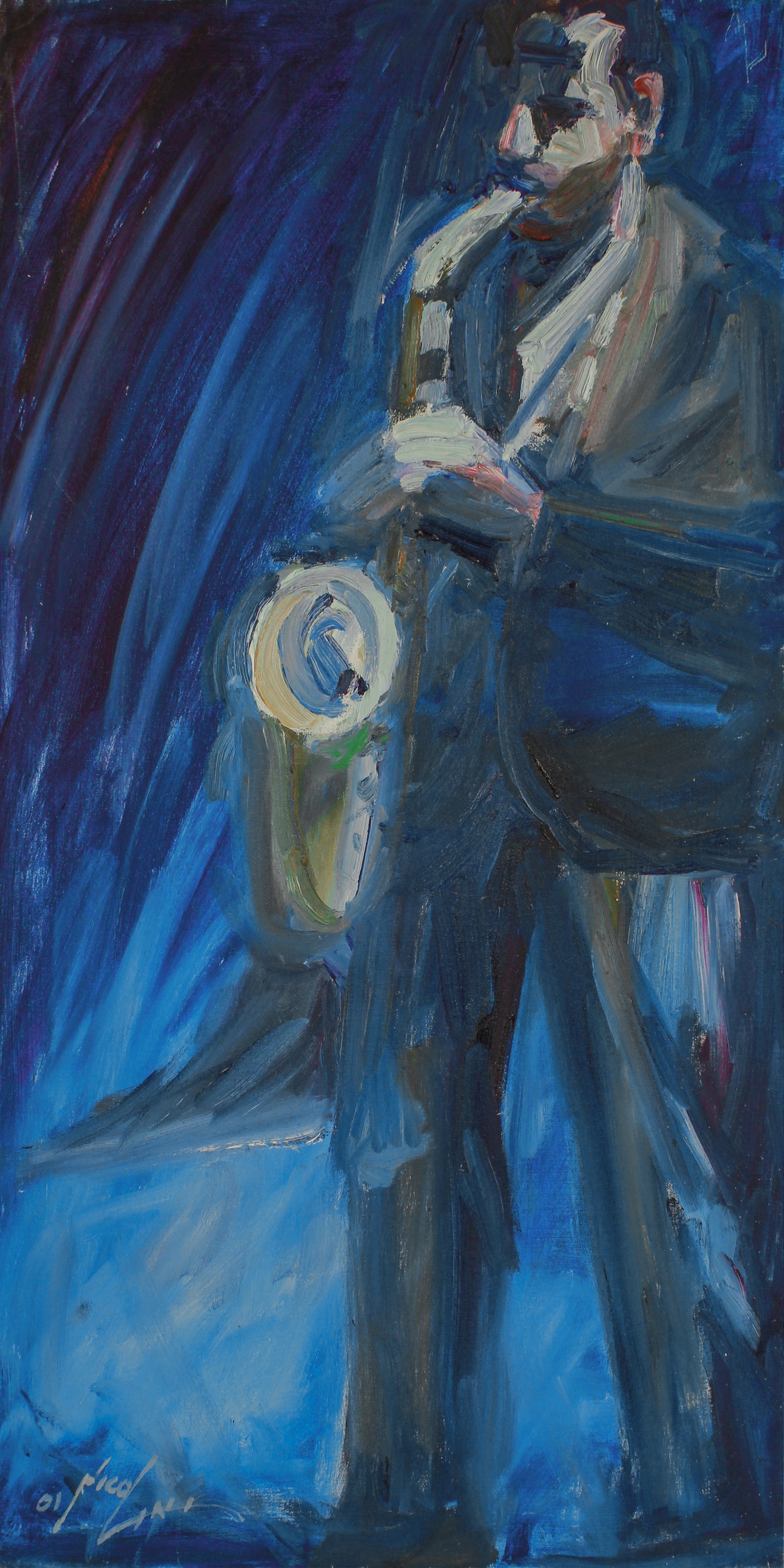 Standing Saxophone Player <br>2001 Oil <br><br>#B2572