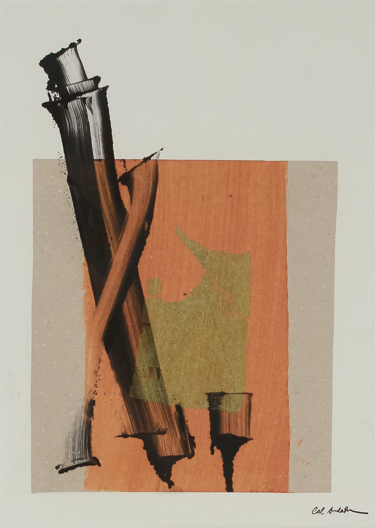 Gold & Black Brushstroke Abstract <br>20th Century Monotype <br><br>#B2665