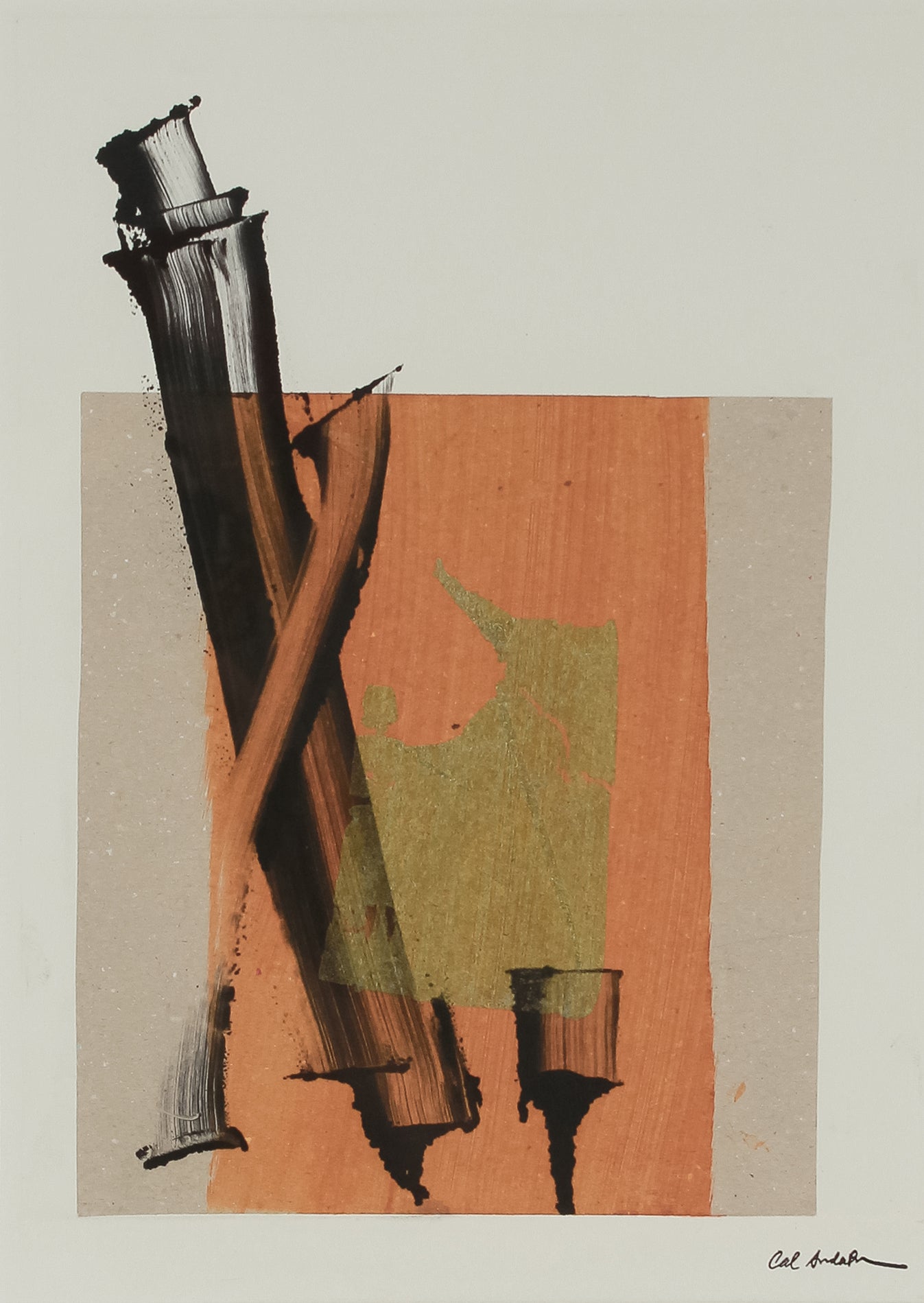 Gold & Black Brushstroke Abstract <br>20th Century Monotype <br><br>#B2665