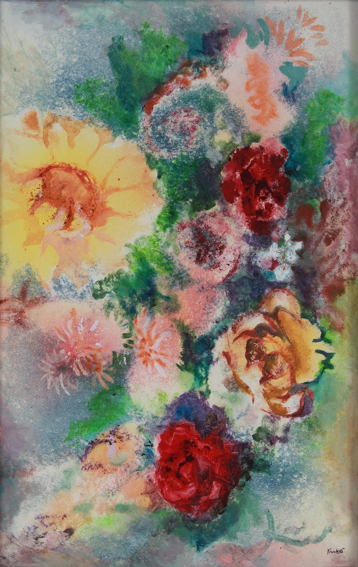 Vivid Floral Still Like <br>1960-70s Oil & Sand Mixed Media <br><br>#B2679