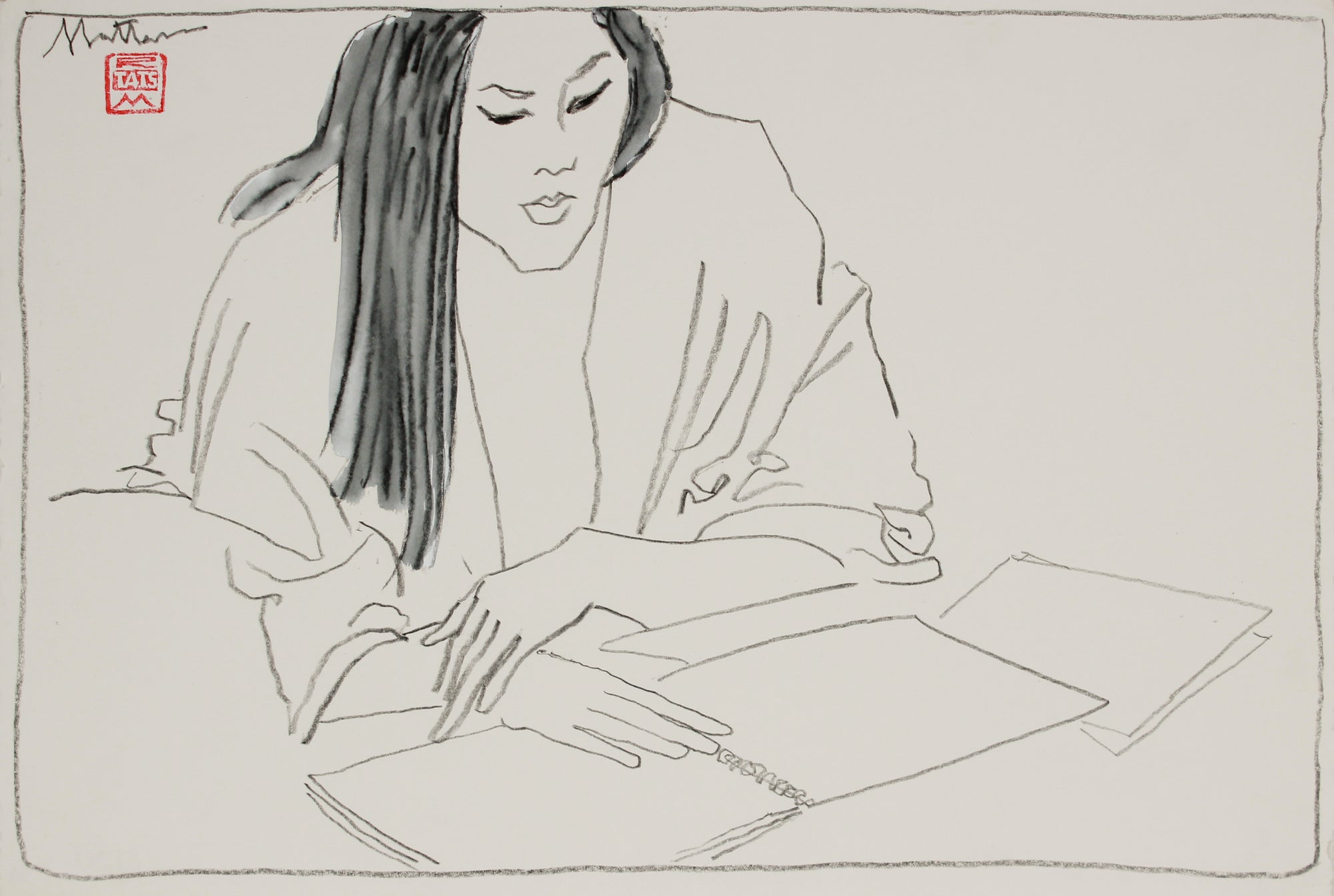 Female Figure Reading <br>20th Century Charcoal & Gouache <br><br>#B2947
