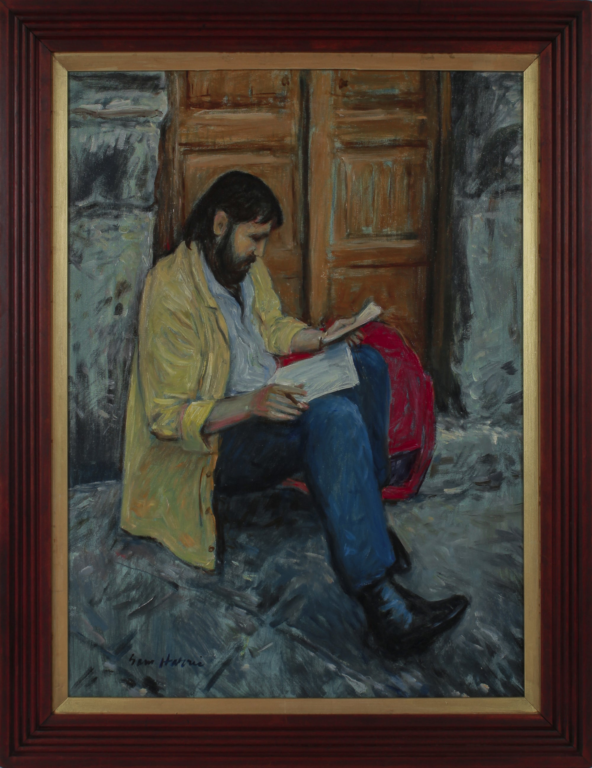 Man Reading in a Doorway <br>20th Century Oil <br><br>#B3464