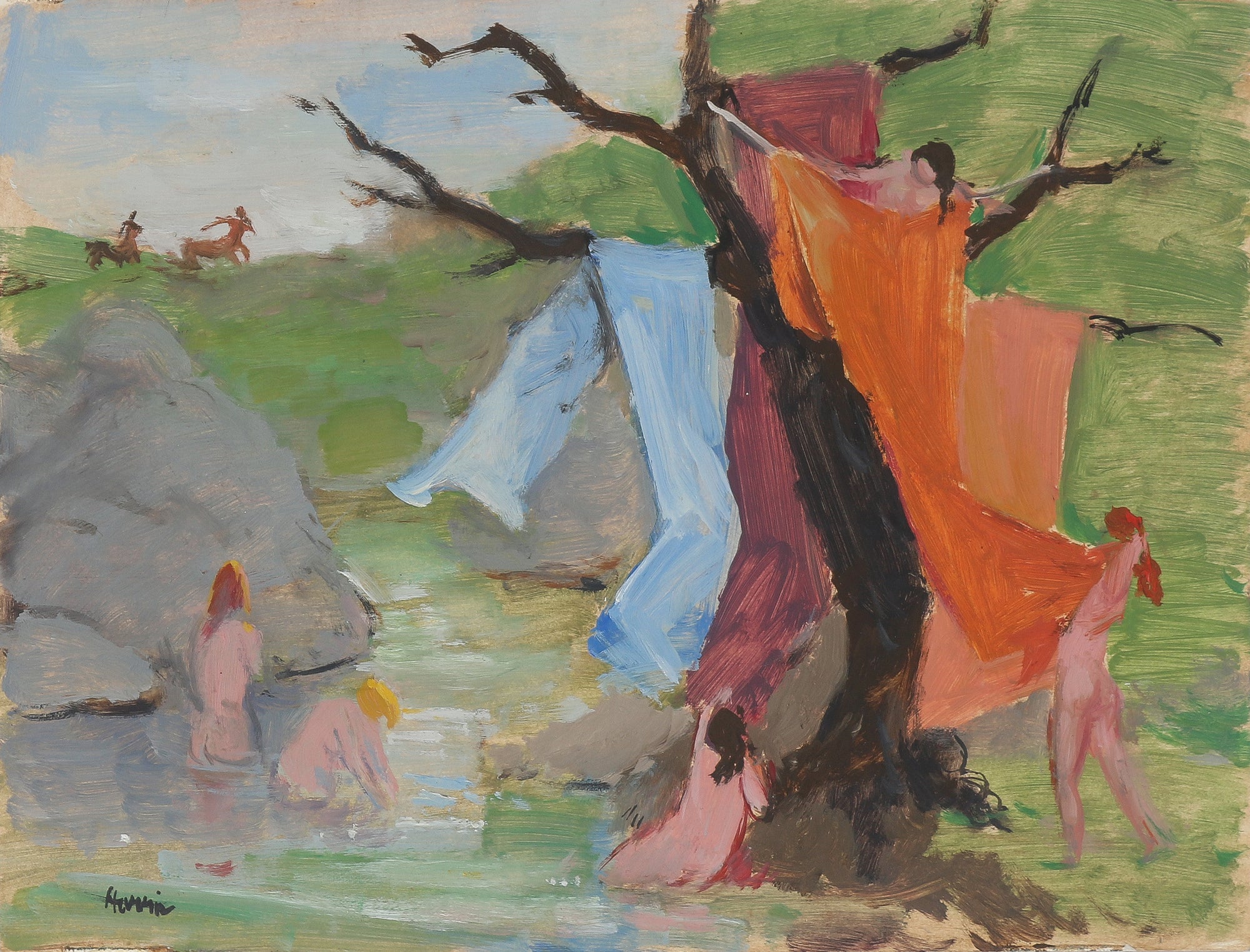 <i>Female Bathers in a Mythic Scene</i> <br>Mid Century Oil <br><br>#B3552
