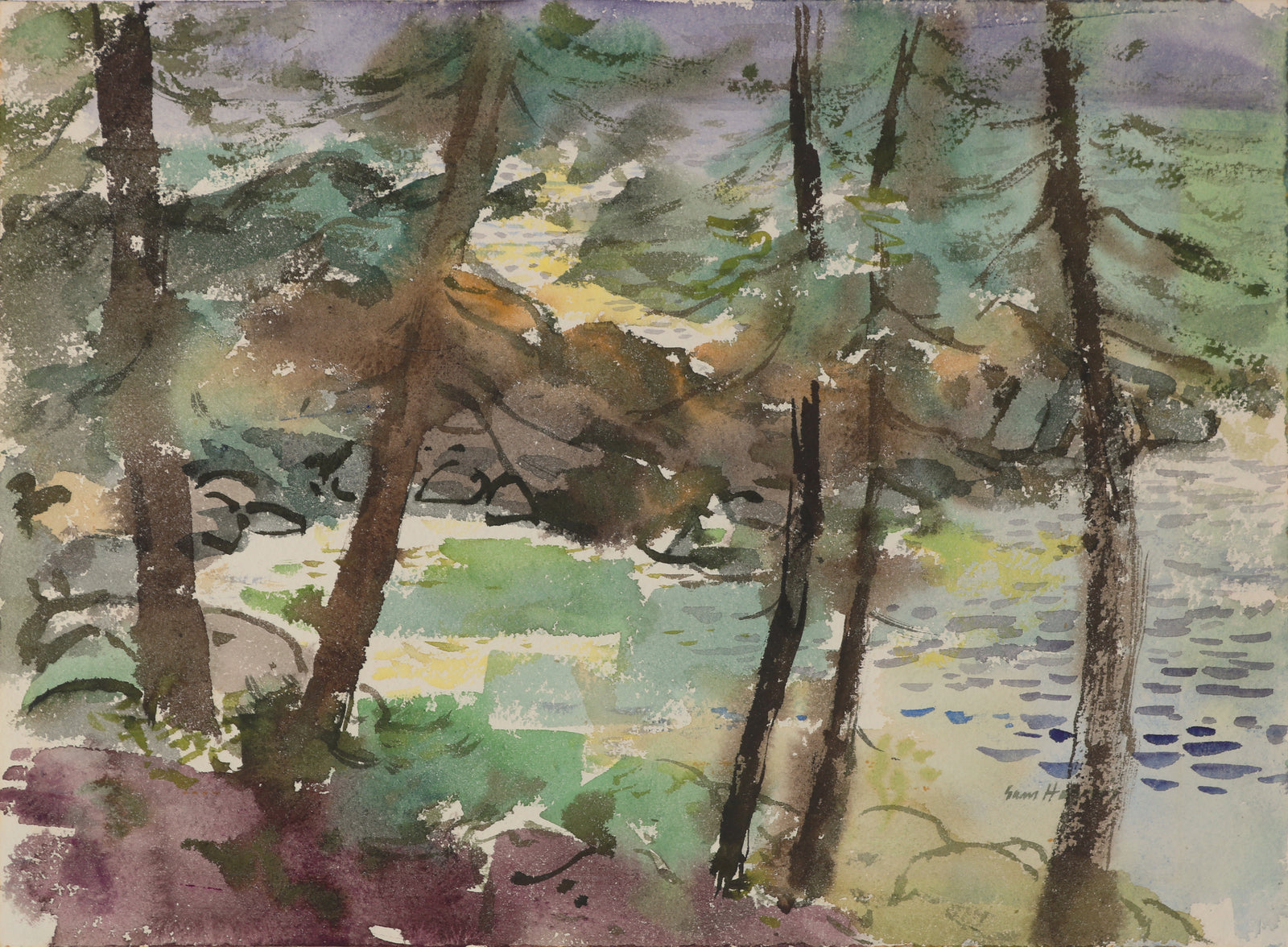 Abstracted California Coast with Trees<br>Mid Century Watercolor <br><br>#B3554